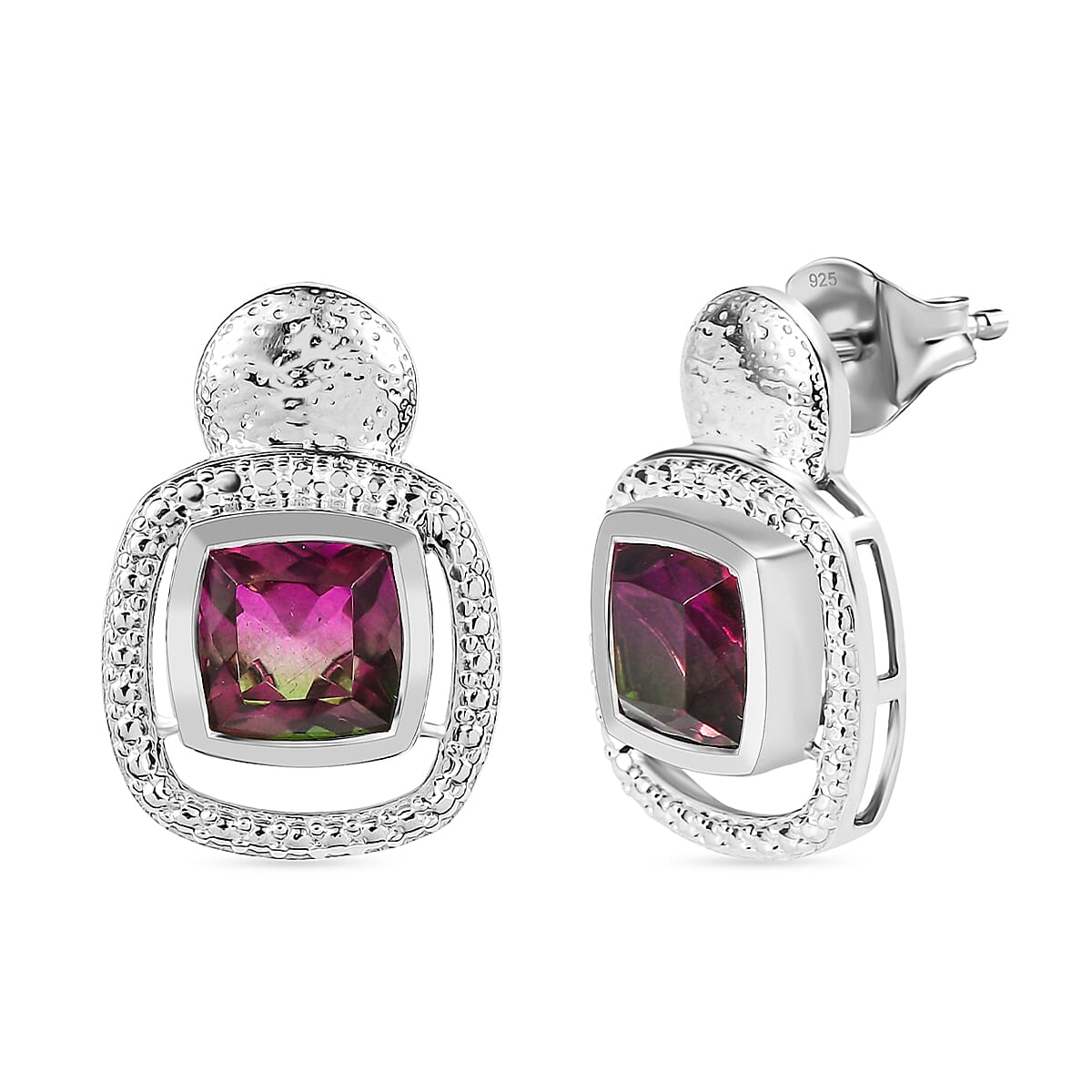 Watermelon Quartz Triplet Stud Push Back Earring in Rhodium Overlay Sterling Silver 5.30 Ct, Silver Wt. 6.50 Gms. 8127816 0