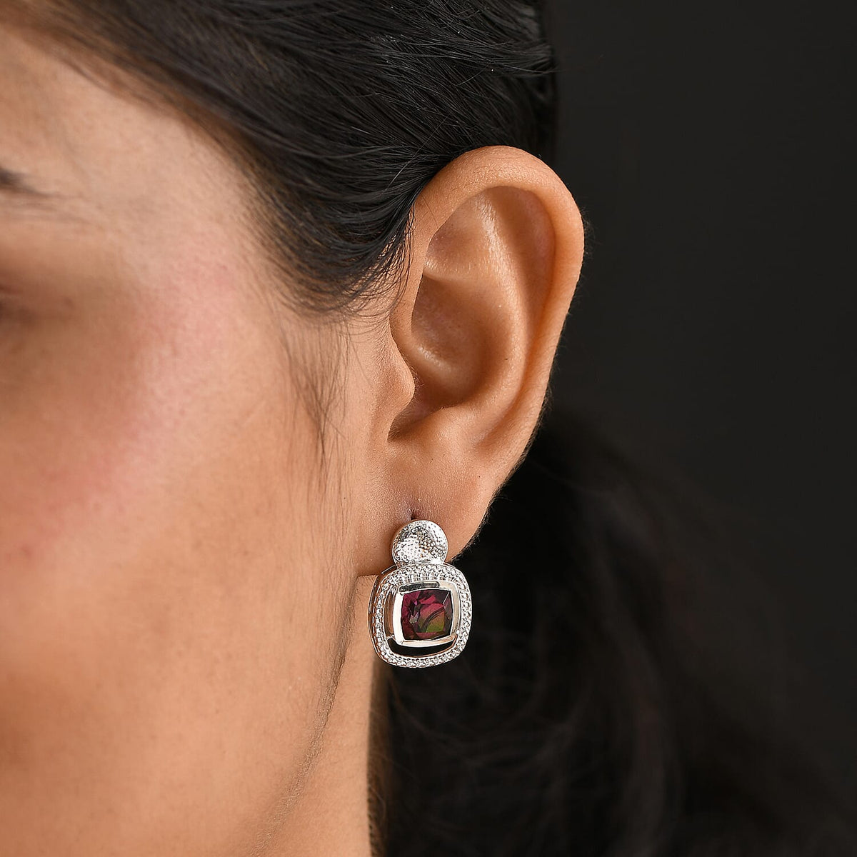 Watermelon Quartz Triplet Stud Push Back Earring in Rhodium Overlay Sterling Silver 5.30 Ct, Silver Wt. 6.50 Gms. 8127816 3