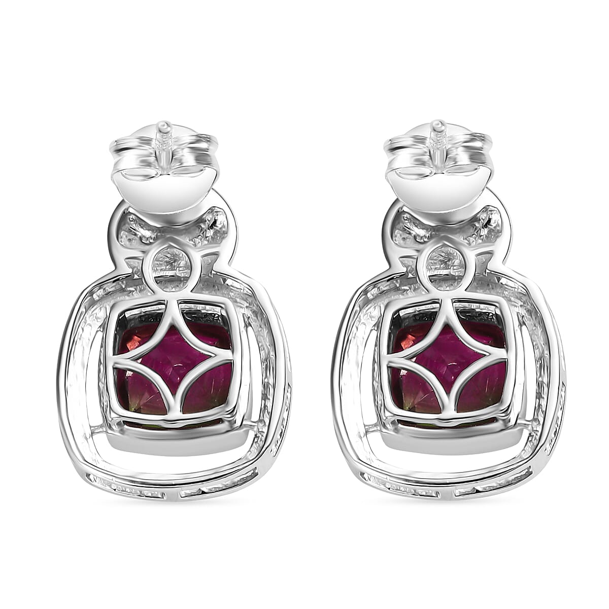 Watermelon Quartz Triplet Stud Push Back Earring in Rhodium Overlay Sterling Silver 5.30 Ct, Silver Wt. 6.50 Gms. 8127816 5