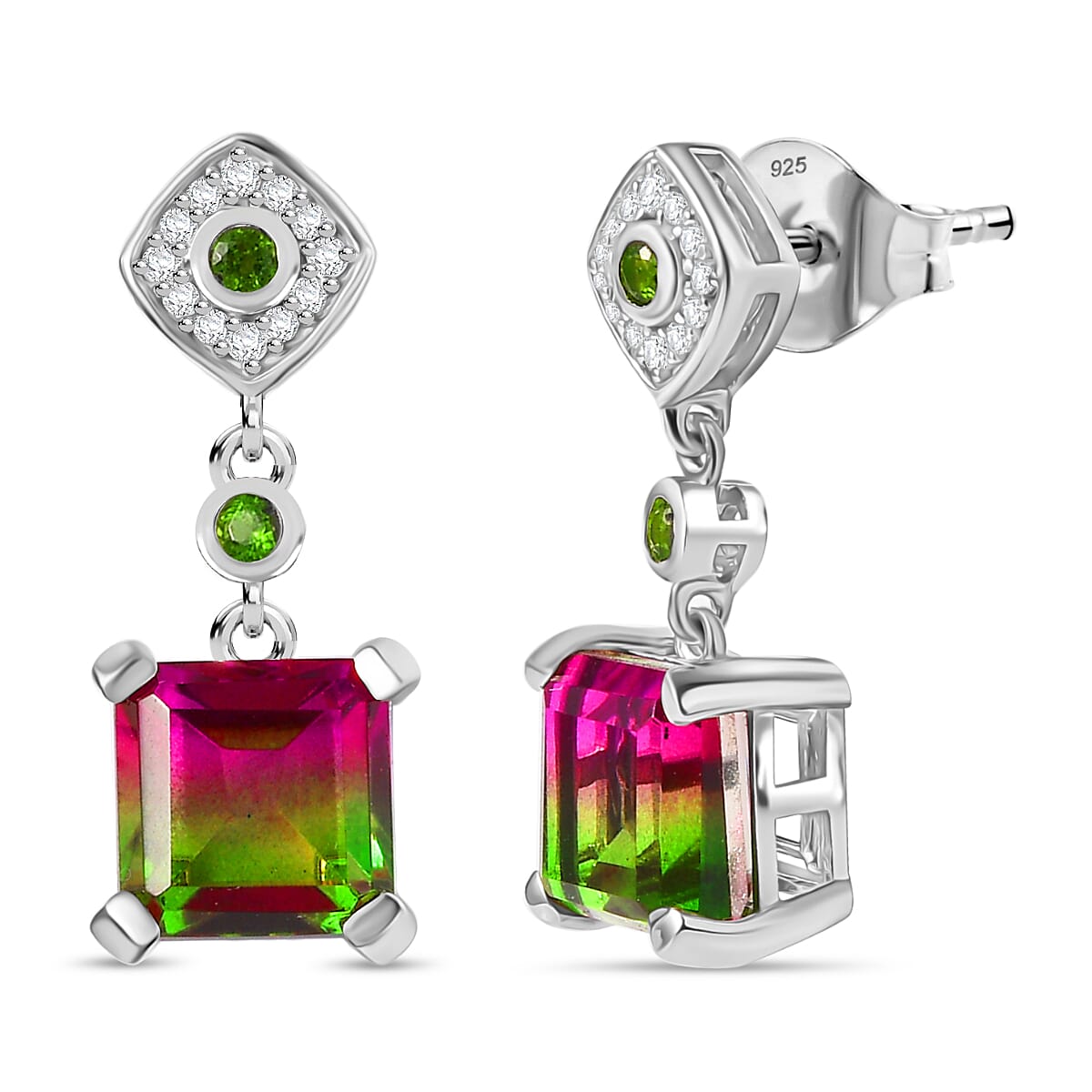 Watermelon Quartz Triplet, Natural Chrome Diopside &amp; White Zircon Solitaire Stud Push Post Earring in Rhodium Overlay Sterling Silver 6.54 Ct. 8129028 0