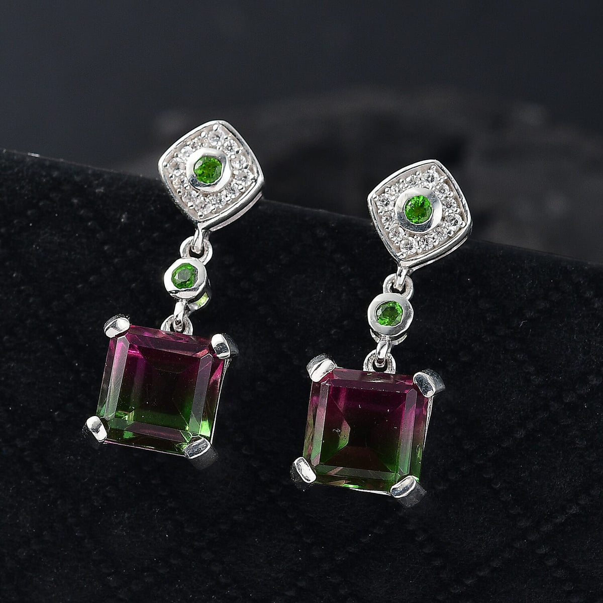 Watermelon Quartz Triplet, Natural Chrome Diopside &amp; White Zircon Solitaire Stud Push Post Earring in Rhodium Overlay Sterling Silver 6.54 Ct. 8129028 2