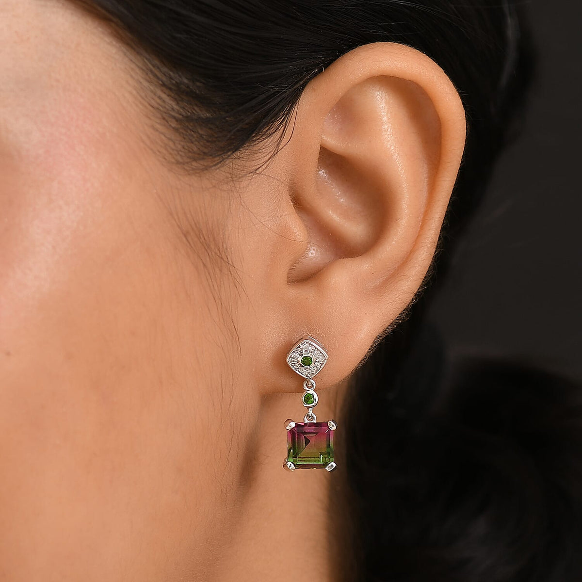 Watermelon Quartz Triplet, Natural Chrome Diopside &amp; White Zircon Solitaire Stud Push Post Earring in Rhodium Overlay Sterling Silver 6.54 Ct. 8129028 3