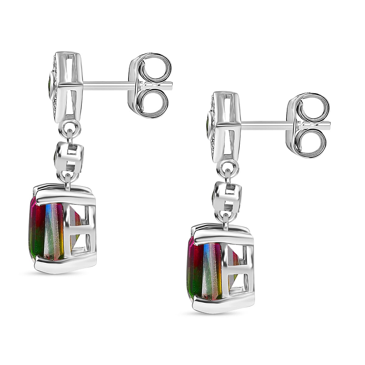 Watermelon Quartz Triplet, Natural Chrome Diopside &amp; White Zircon Solitaire Stud Push Post Earring in Rhodium Overlay Sterling Silver 6.54 Ct. 8129028 4