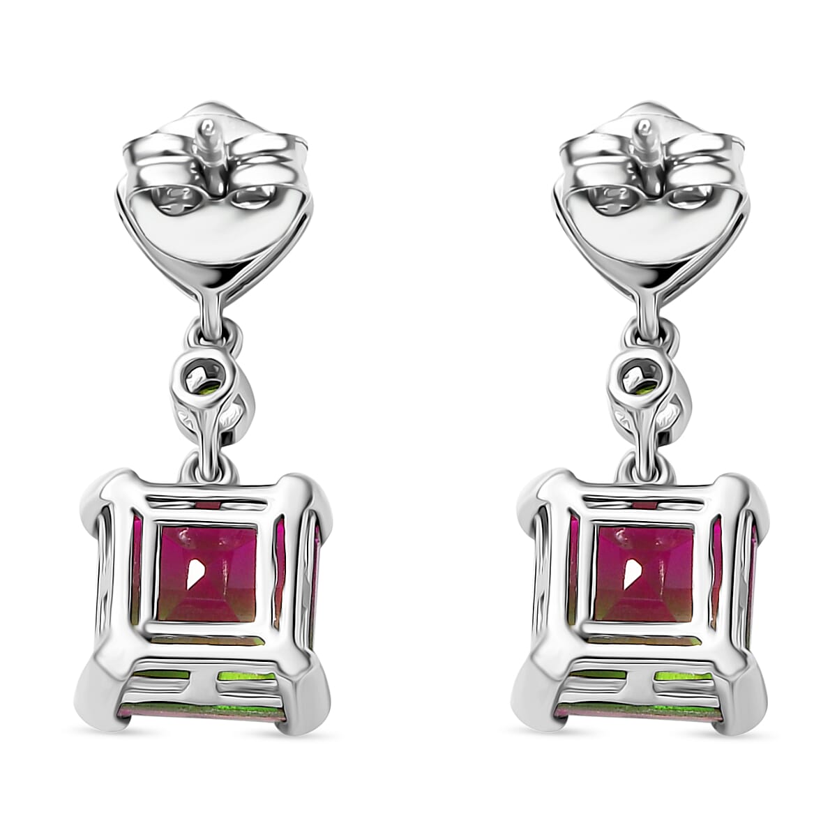 Watermelon Quartz Triplet, Natural Chrome Diopside &amp; White Zircon Solitaire Stud Push Post Earring in Rhodium Overlay Sterling Silver 6.54 Ct. 8129028 5