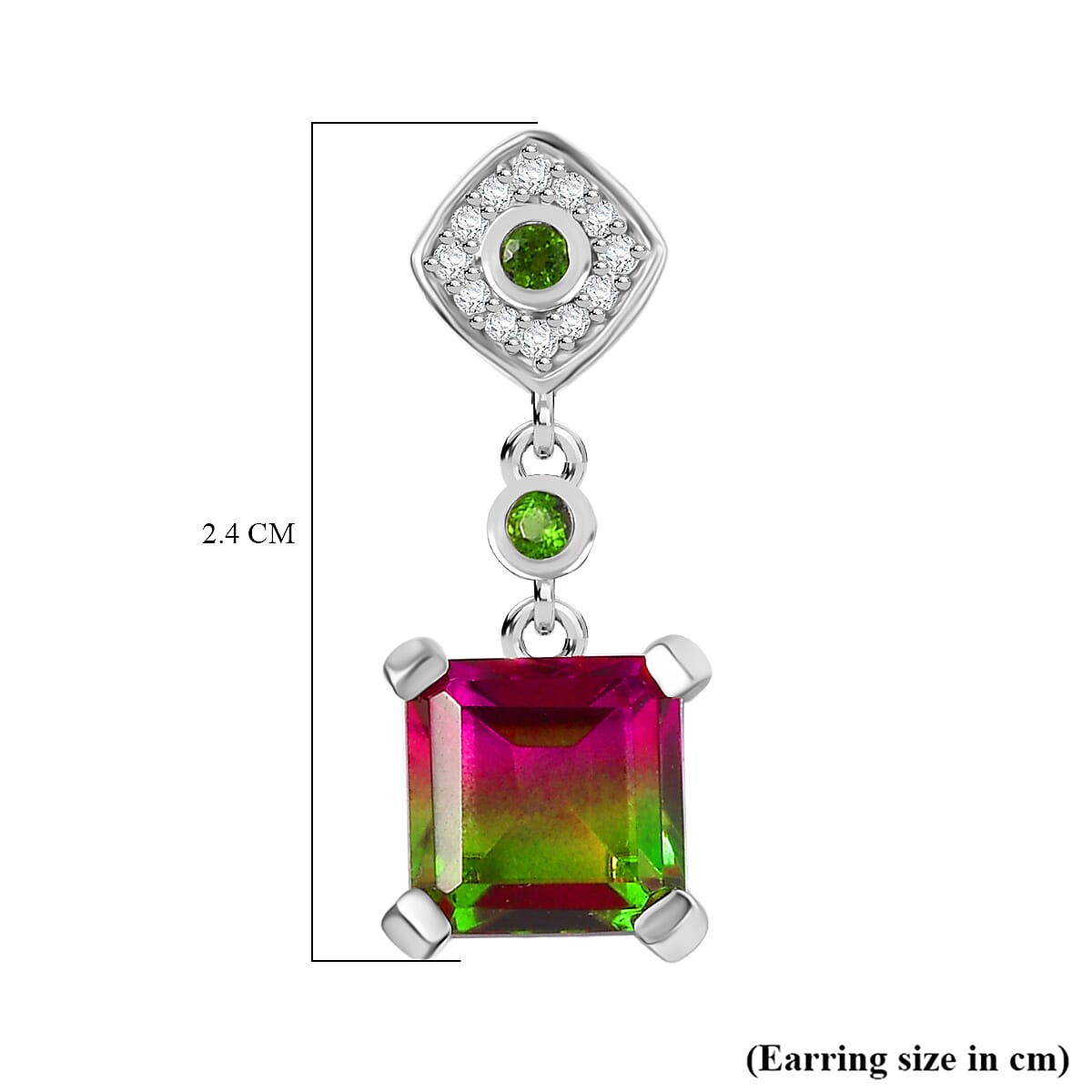 Watermelon Quartz Triplet, Natural Chrome Diopside &amp; White Zircon Solitaire Stud Push Post Earring in Rhodium Overlay Sterling Silver 6.54 Ct. 8129028 6