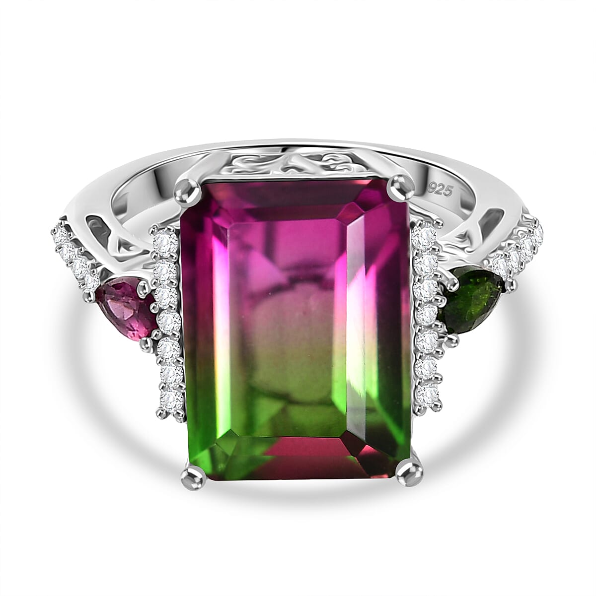 Watermelon Quartz Triplet, Multi Gemstones Ring in Rhodium Overlay Sterling Silver 8.81 Ct. 8116123 0