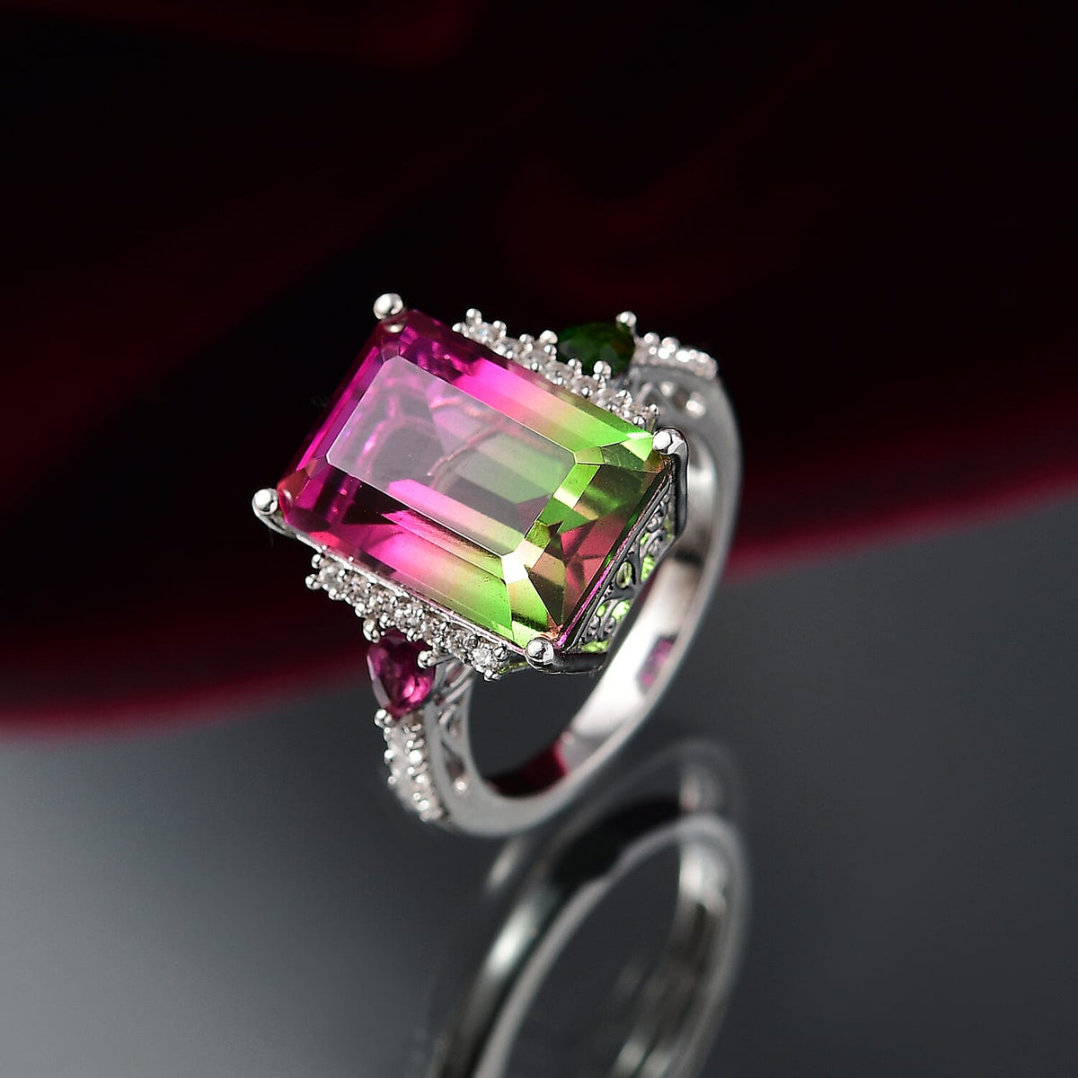 Watermelon Quartz Triplet, Multi Gemstones Ring in Rhodium Overlay Sterling Silver 8.81 Ct. 8116123 2