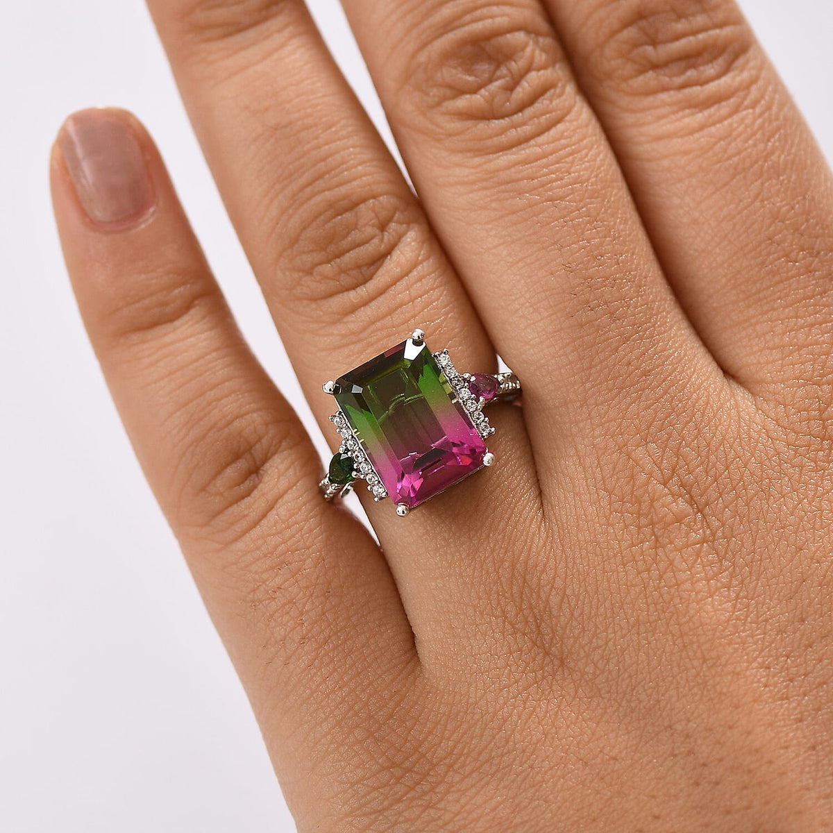 Watermelon Quartz Triplet, Multi Gemstones Ring in Rhodium Overlay Sterling Silver 8.81 Ct. 8116123 3