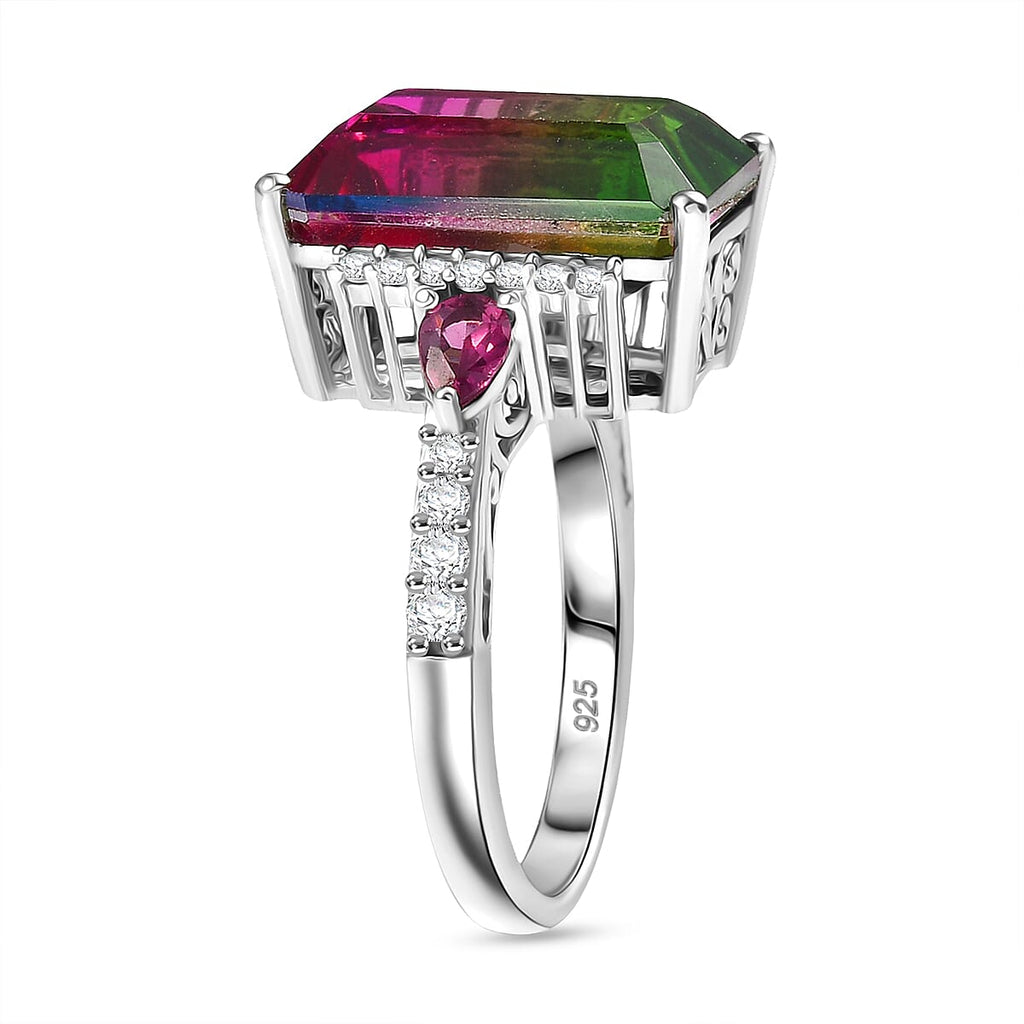 Watermelon Quartz Triplet, And Multi Gemstones Ring in Rhodium Overlay Sterling Silver 8.81 Ct.