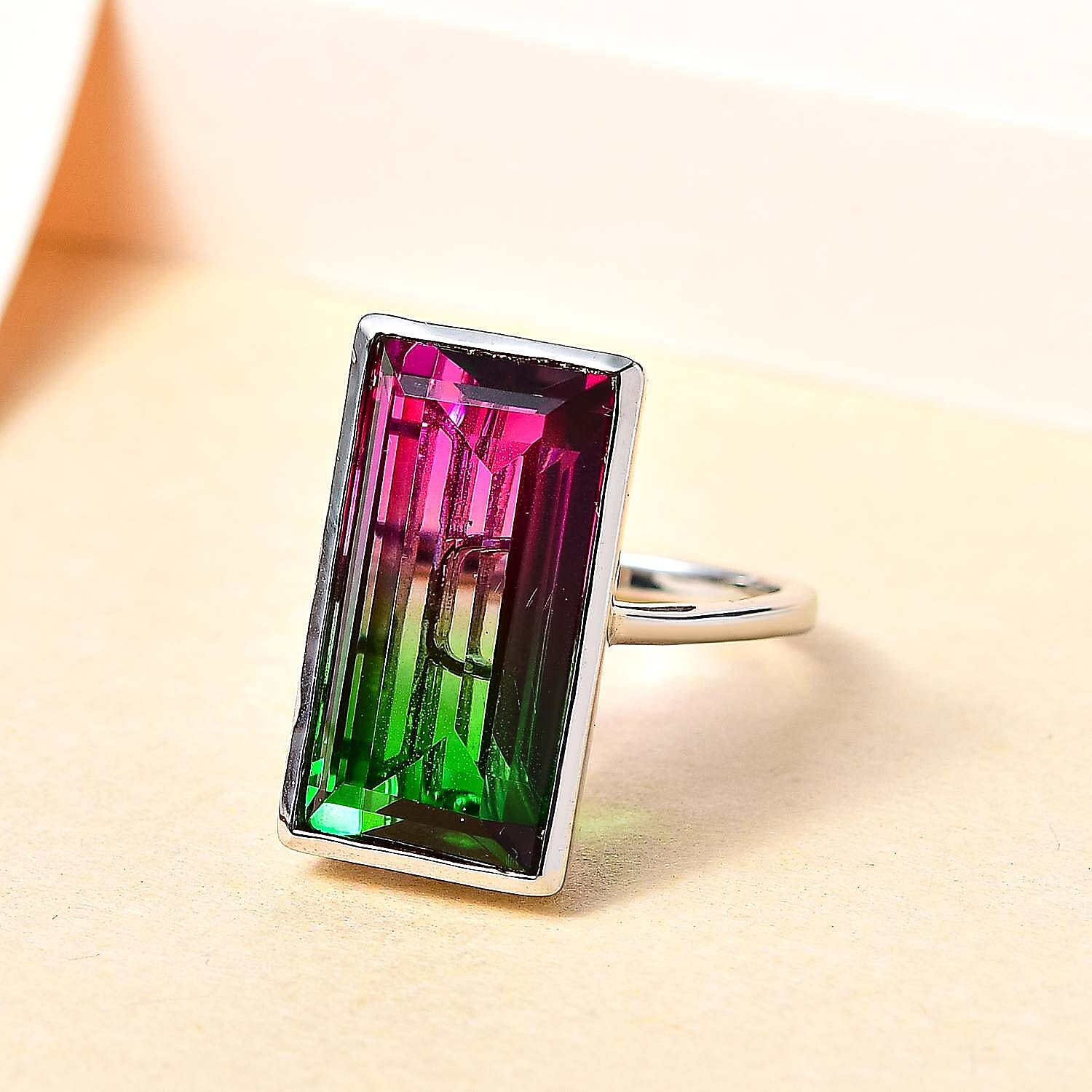 Bi-Colour Tourmaline Quartz Solitaire Ring in Platinum Overlay Sterling Silver 13.11 Ct 7574133 1