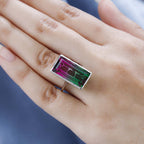Bi-Colour Tourmaline Quartz Solitaire Ring in Platinum Overlay Sterling Silver 13.11 Ct