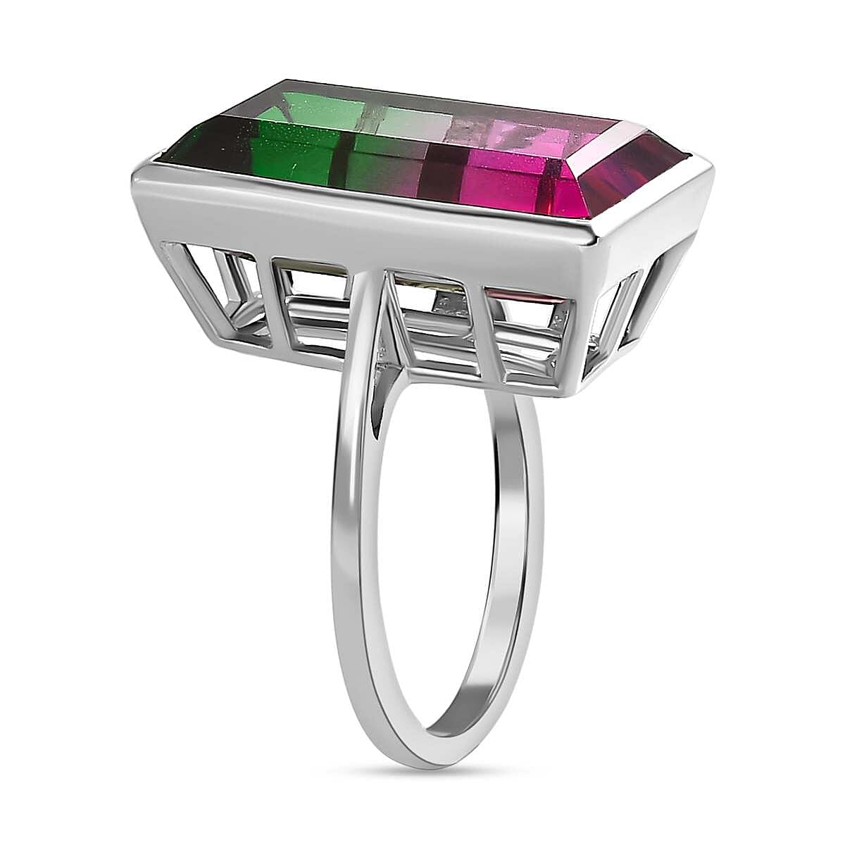 Bi-Colour Tourmaline Quartz Solitaire Ring in Platinum Overlay Sterling Silver 13.11 Ct 7574133 3