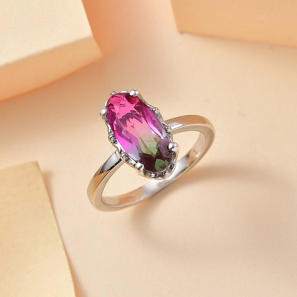 Watermelon Triplet Quartz Solitaire Ring in Platinum Overlay Sterling Silver 2.235  Ct.