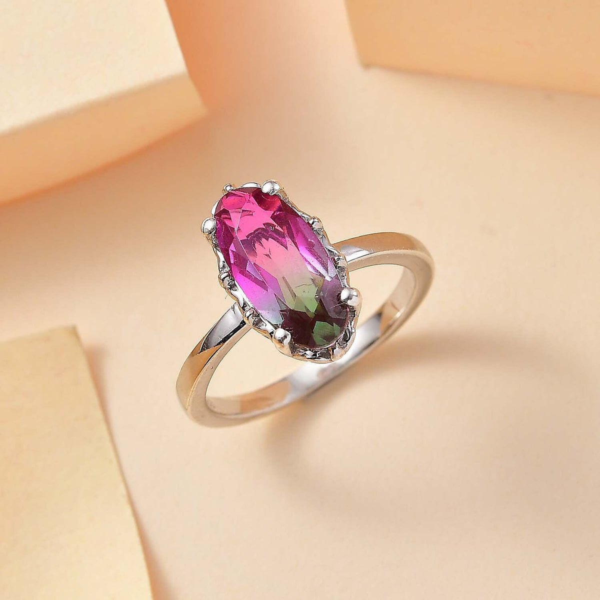 Watermelon Triplet Quartz Solitaire Ring in Platinum Overlay Sterling Silver 2.23 Ct. 7976381 1