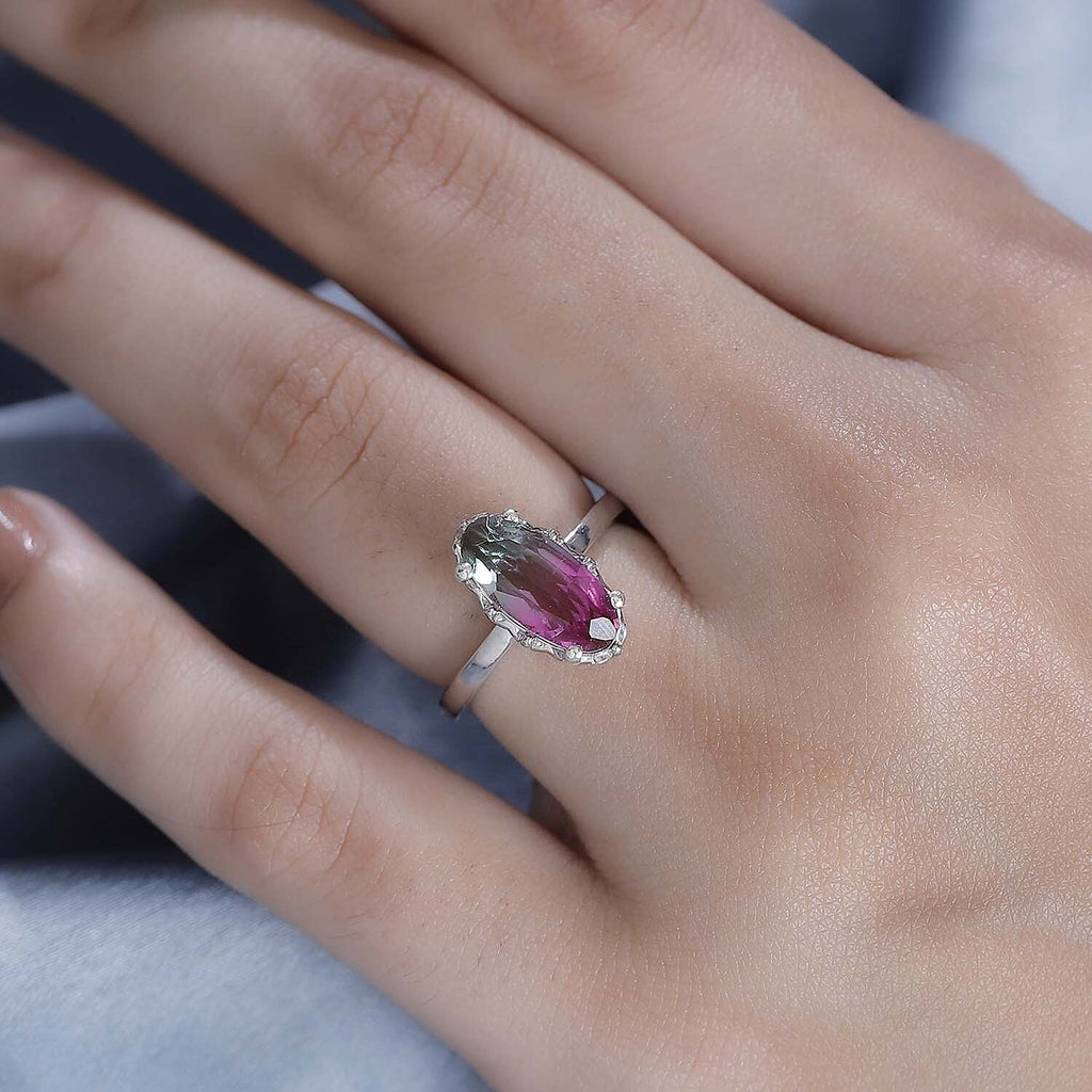 Watermelon Triplet Quartz Solitaire Ring in Platinum Overlay Sterling Silver 2.235  Ct.