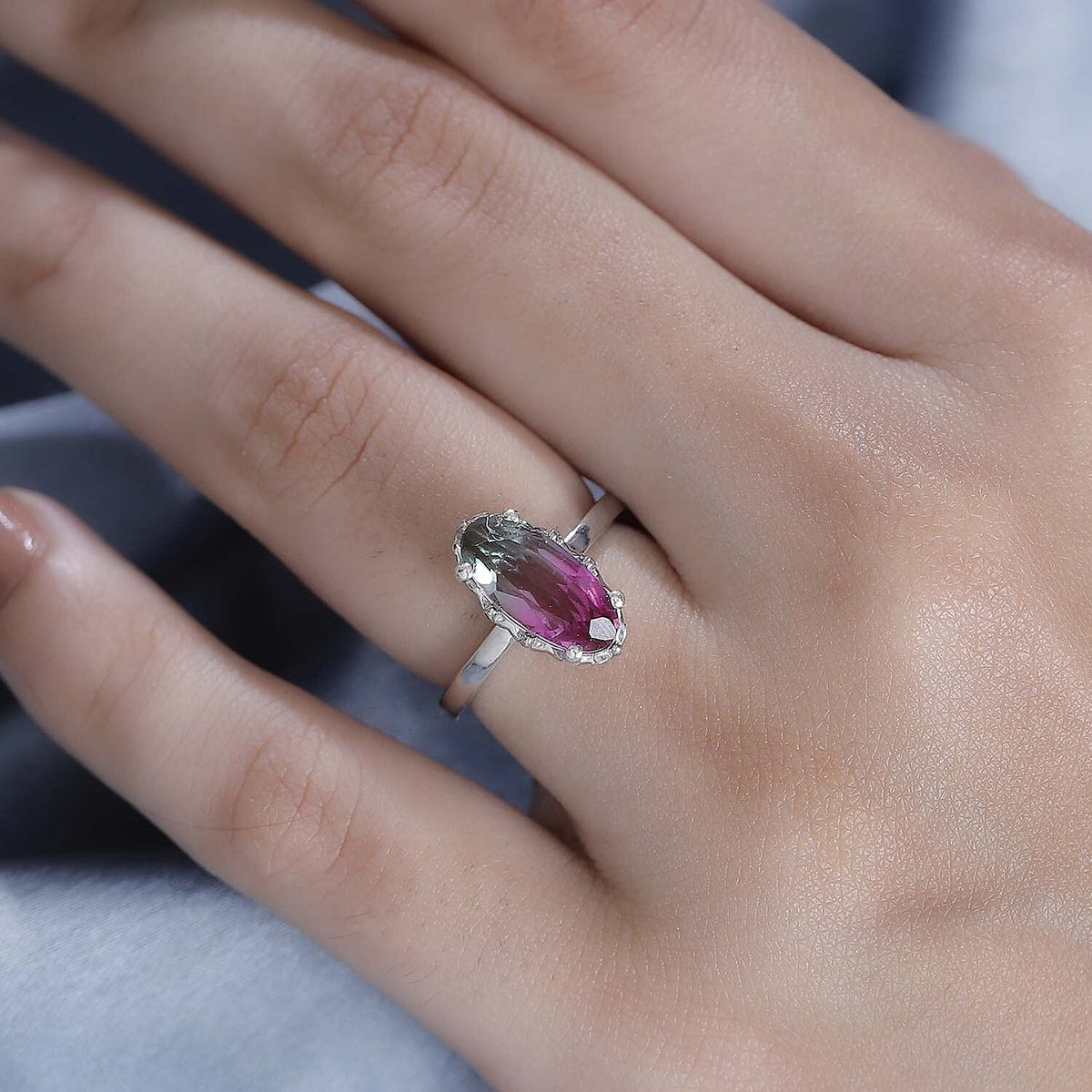 Watermelon Triplet Quartz Solitaire Ring in Platinum Overlay Sterling Silver 2.23 Ct. 7976381 2