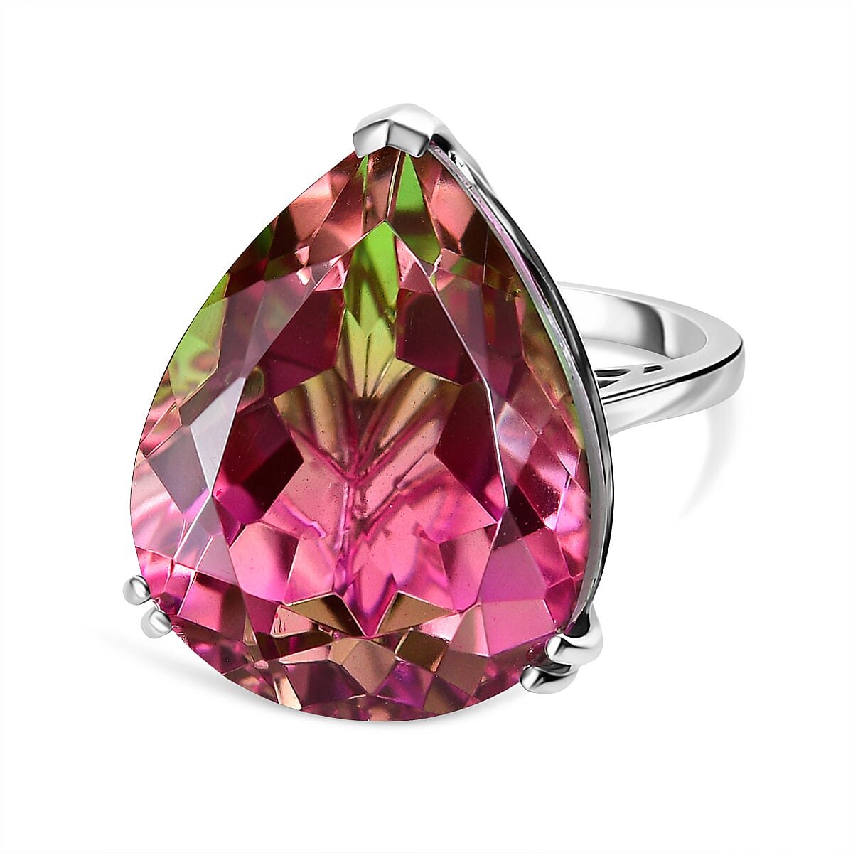 Watermelon Quartz Triplet Solitaire Ring in Rhodium Overlay Sterling Silver 36.99 Ct, Silver Wt.5.40 Gms. 8133152 0