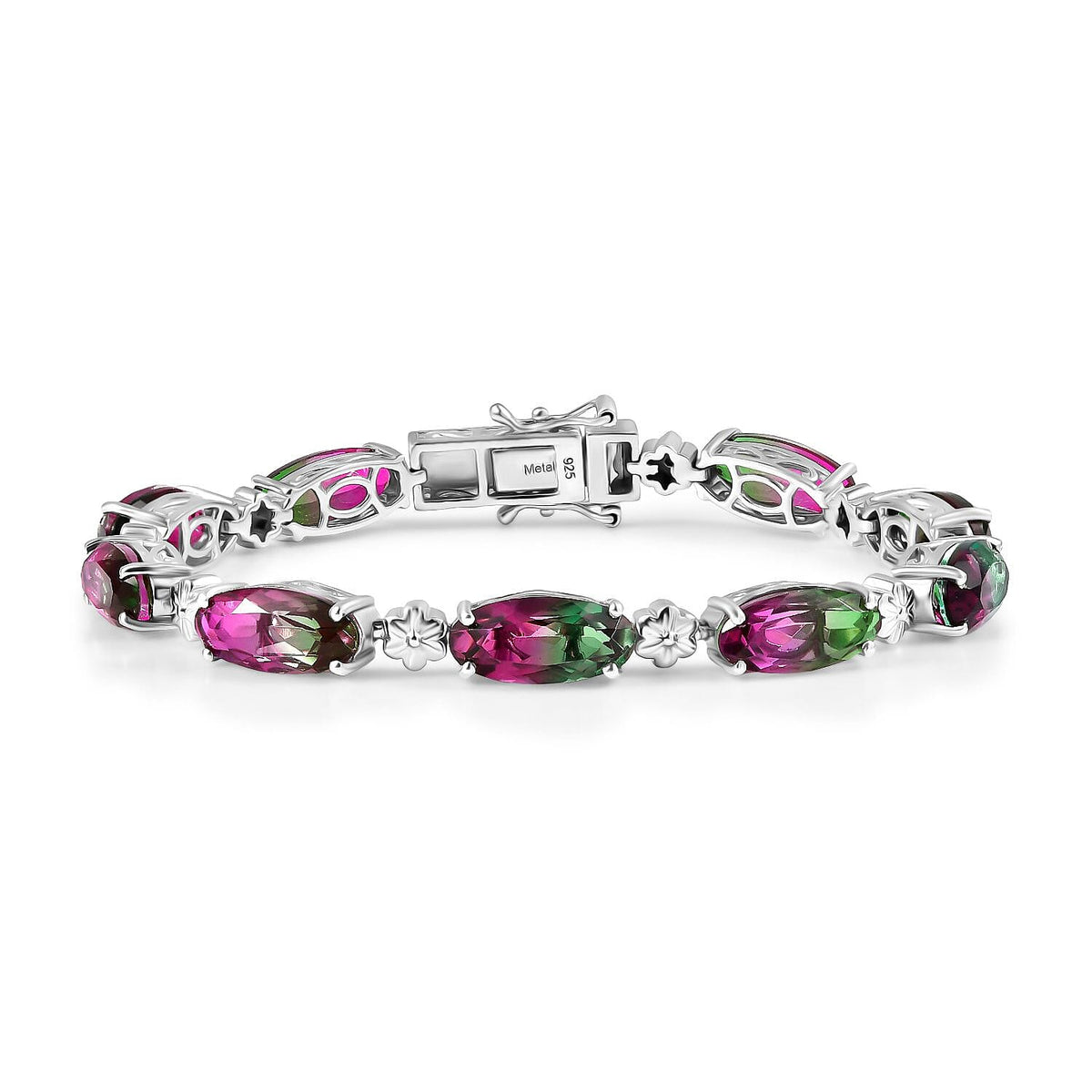 Watermelon Quartz Triplet Tennis Bracelet (Size - 7) with GB Lock Box in Rhodium Overlay Sterling Silver 22.66 Ct, Silver Wt.12.42 Gms. 8124698 0