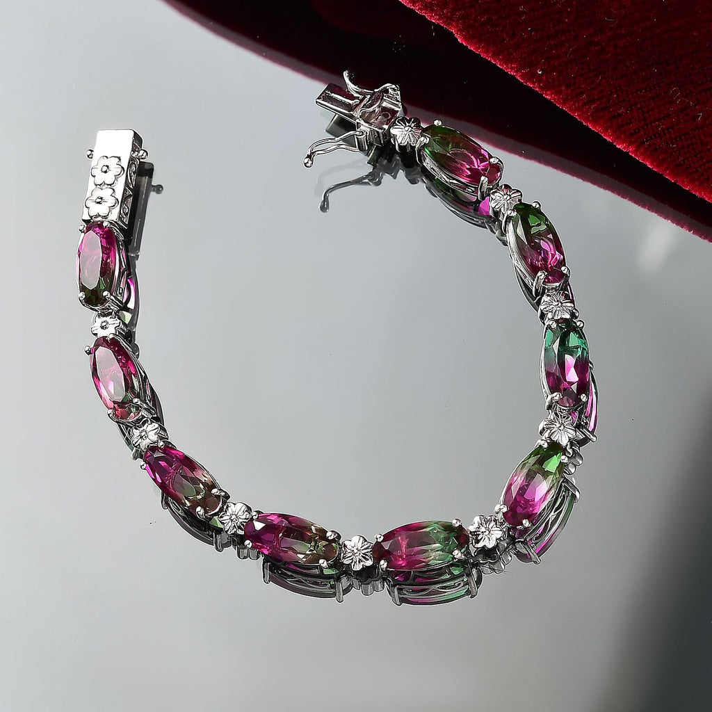 Watermelon Quartz Triplet Tennis Bracelet (Size - 7) with GB Lock Box in Rhodium Overlay Sterling Silver 22.66 Ct, Silver Wt.12.42 Gms.