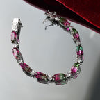 Watermelon Quartz Triplet Tennis Bracelet (Size - 7) with GB Lock Box in Rhodium Overlay Sterling Silver 22.66 Ct, Silver Wt.12.42 Gms.