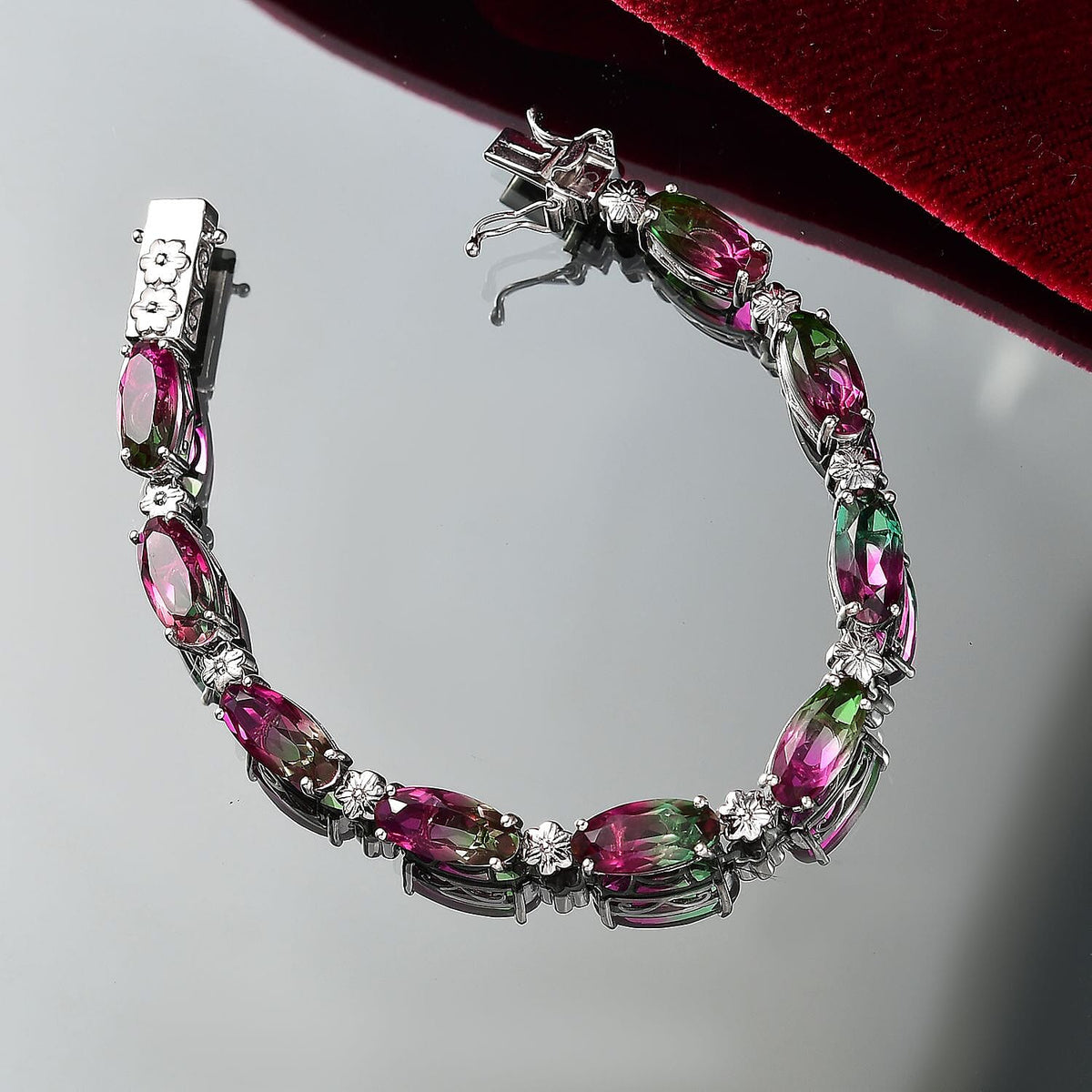 Watermelon Quartz Triplet Tennis Bracelet (Size - 7) with GB Lock Box in Rhodium Overlay Sterling Silver 22.66 Ct, Silver Wt.12.42 Gms. 8124698 2