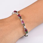 Watermelon Quartz Triplet Tennis Bracelet (Size - 7) with GB Lock Box in Rhodium Overlay Sterling Silver 22.66 Ct, Silver Wt.12.42 Gms.