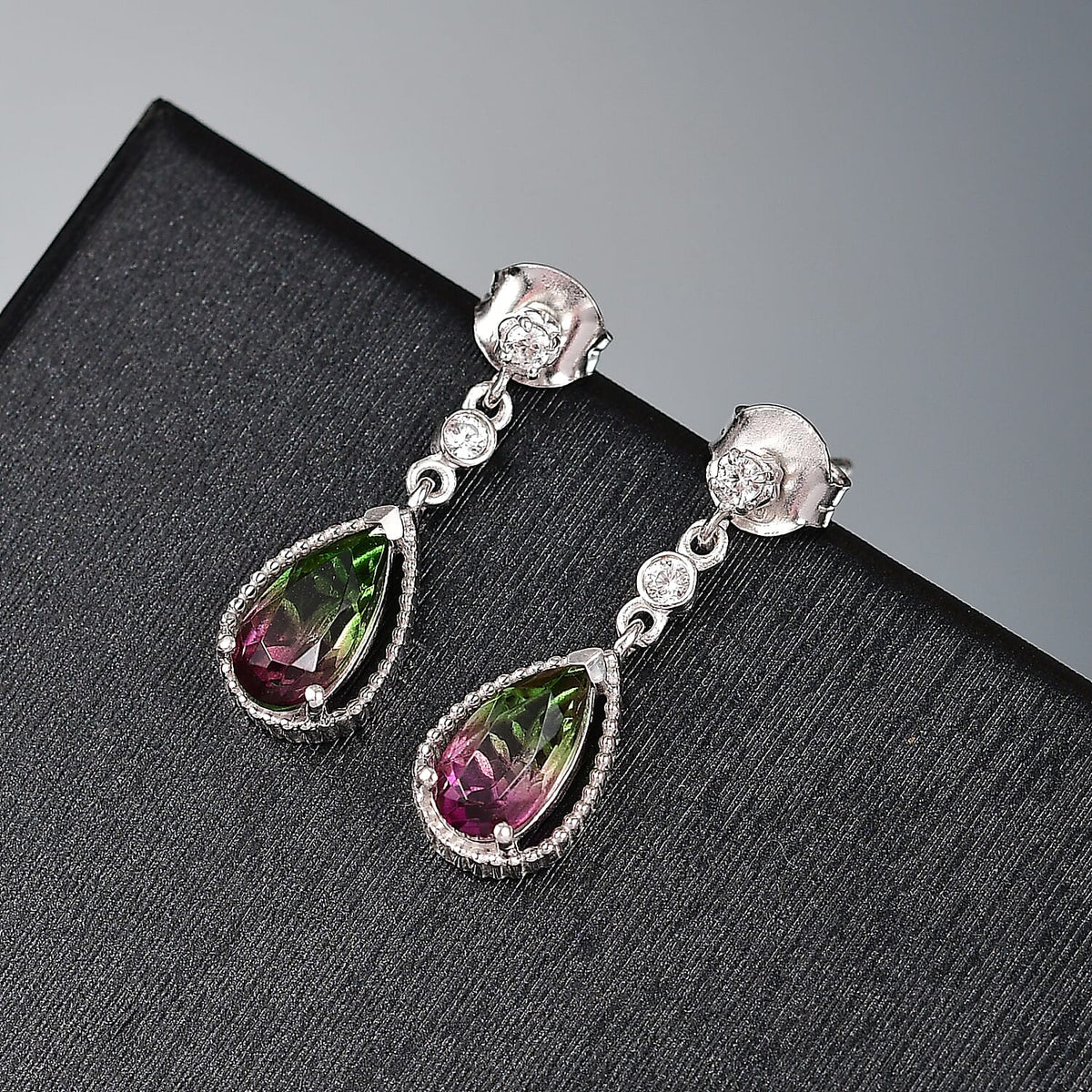 Watermelon Quartz Triplet &amp; White Zircon Dangling Earring with Push Back in Rhodium Overlay Sterling Silver 2.57 Ct. 8133141 2