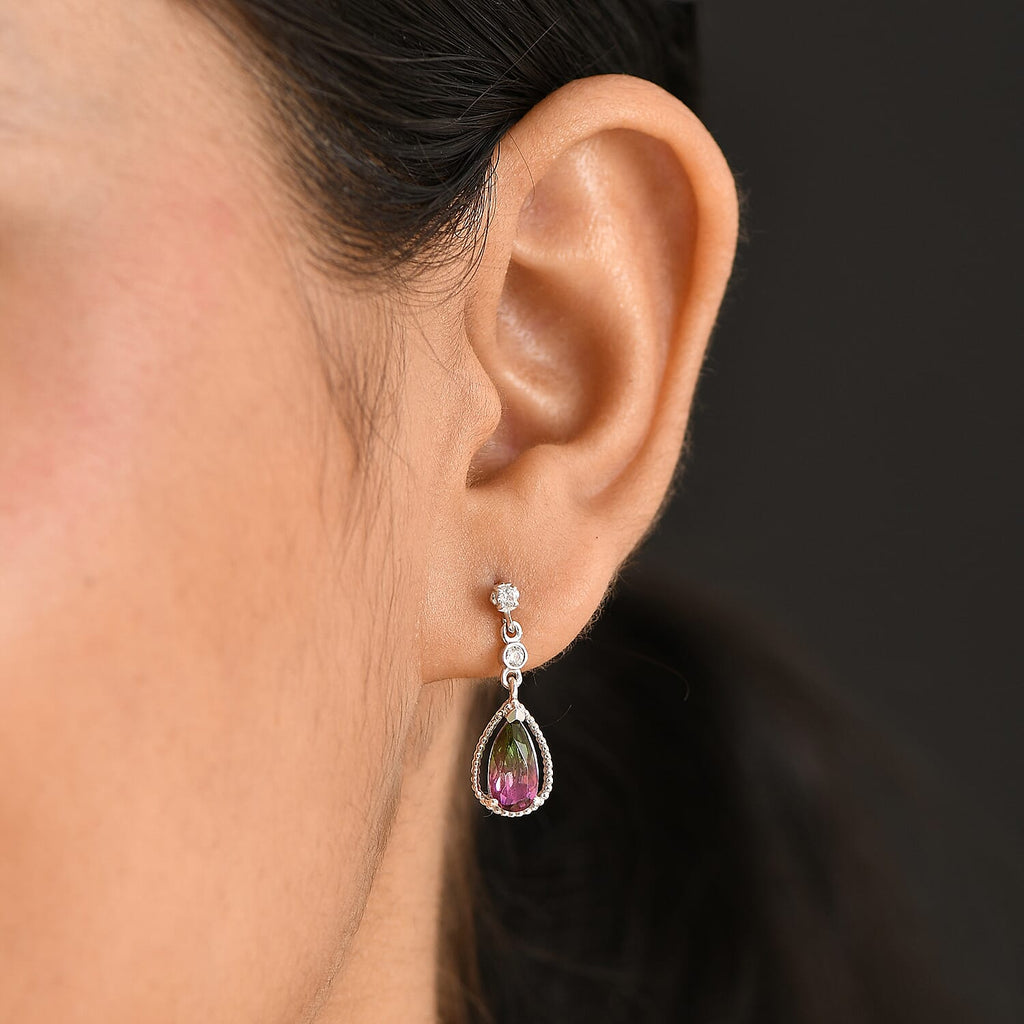 Watermelon Quartz Triplet & White Zircon Dangling Earring with Push Back in Rhodium Overlay Sterling Silver 2.57 Ct.