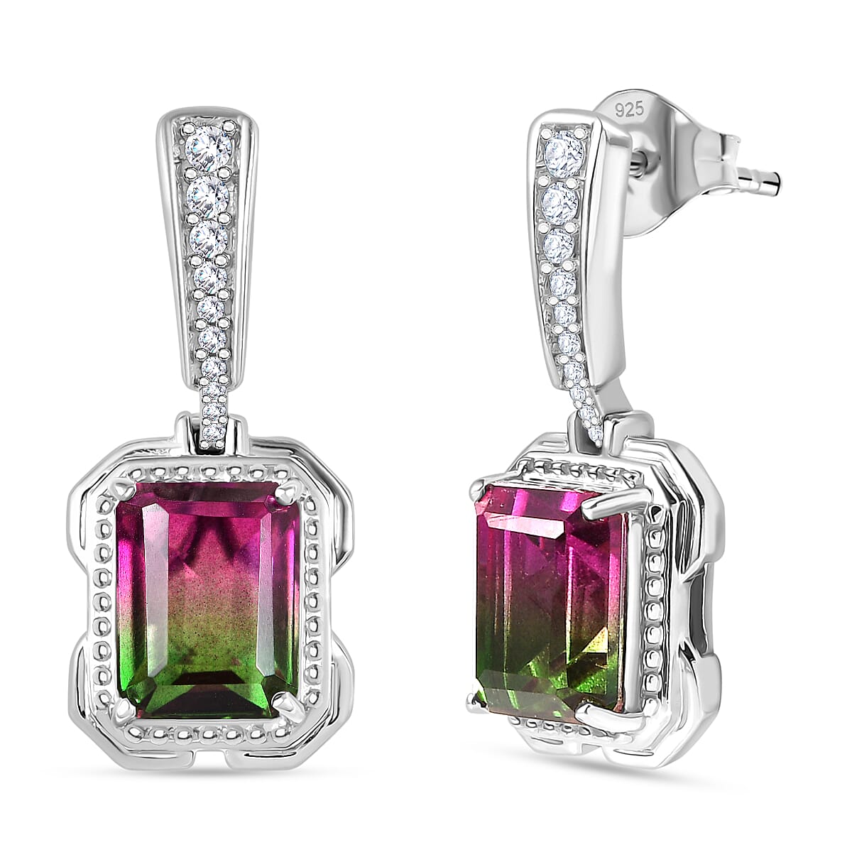 Watermelon Quartz Triplet &amp; White Zircon Dangling Push Back Earring in Rhodium Overlay Sterling Silver 5.28 Ct. 8122116 0