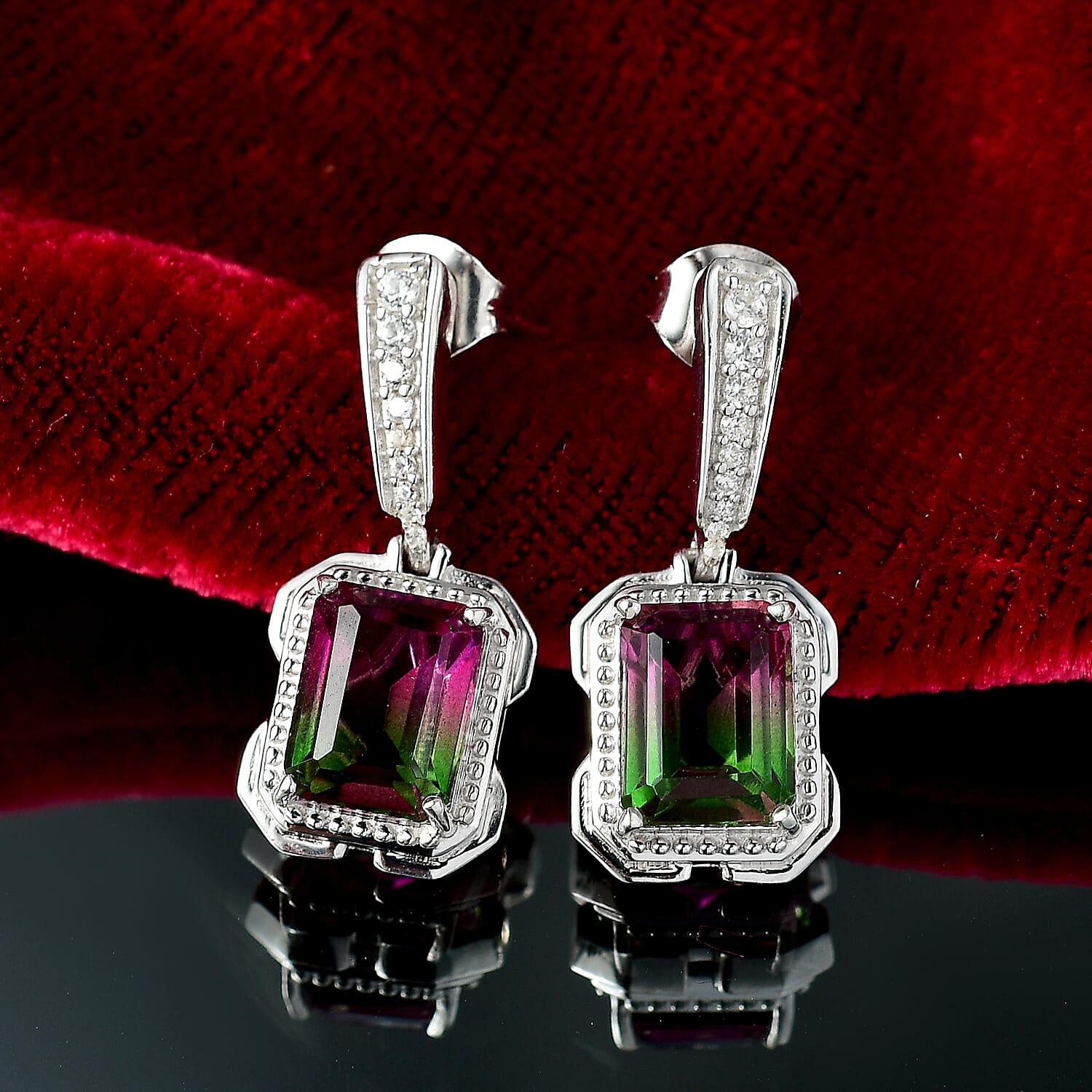 Watermelon Quartz Triplet &amp; White Zircon Dangling Push Back Earring in Rhodium Overlay Sterling Silver 5.28 Ct. 8122116 2