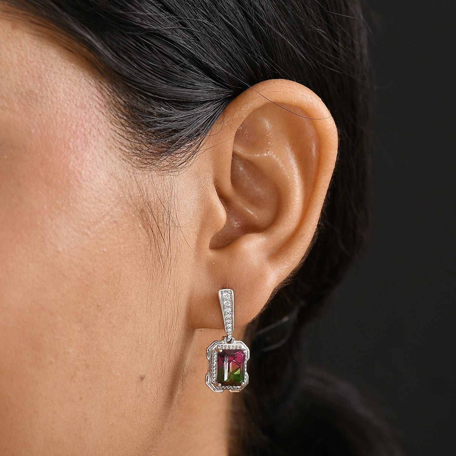 Watermelon Quartz Triplet &amp; White Zircon Dangling Push Back Earring in Rhodium Overlay Sterling Silver 5.28 Ct. 8122116 3
