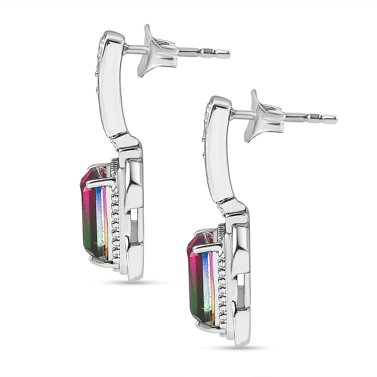 Watermelon Quartz Triplet &amp; White Zircon Dangling Push Back Earring in Rhodium Overlay Sterling Silver 5.28 Ct. 8122116 4