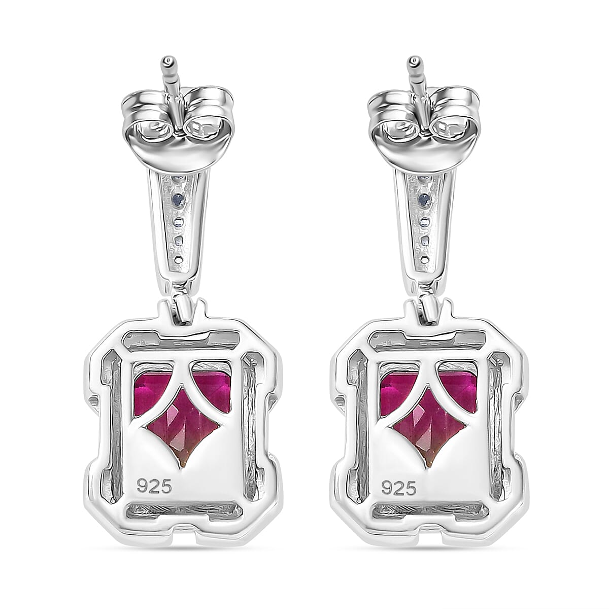 Watermelon Quartz Triplet &amp; White Zircon Dangling Push Back Earring in Rhodium Overlay Sterling Silver 5.28 Ct. 8122116 5