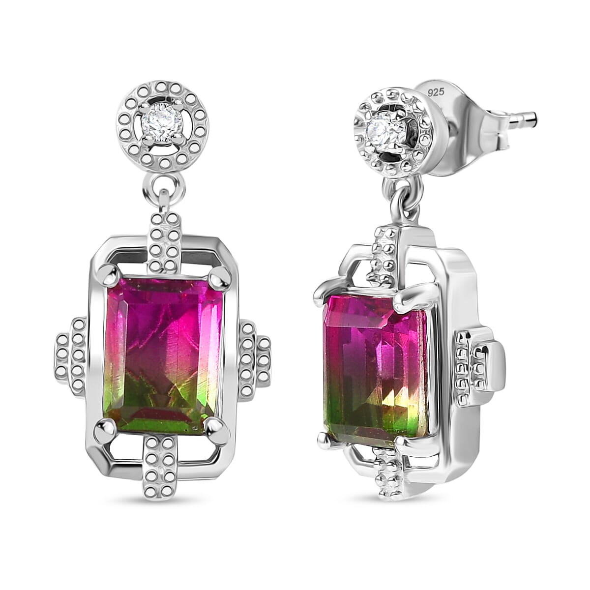 Watermelon Quartz Triplet &amp; White Zircon Dangling Push Back Earring in Rhodium Overlay Sterling Silver 3.46 Ct. 8124689 0