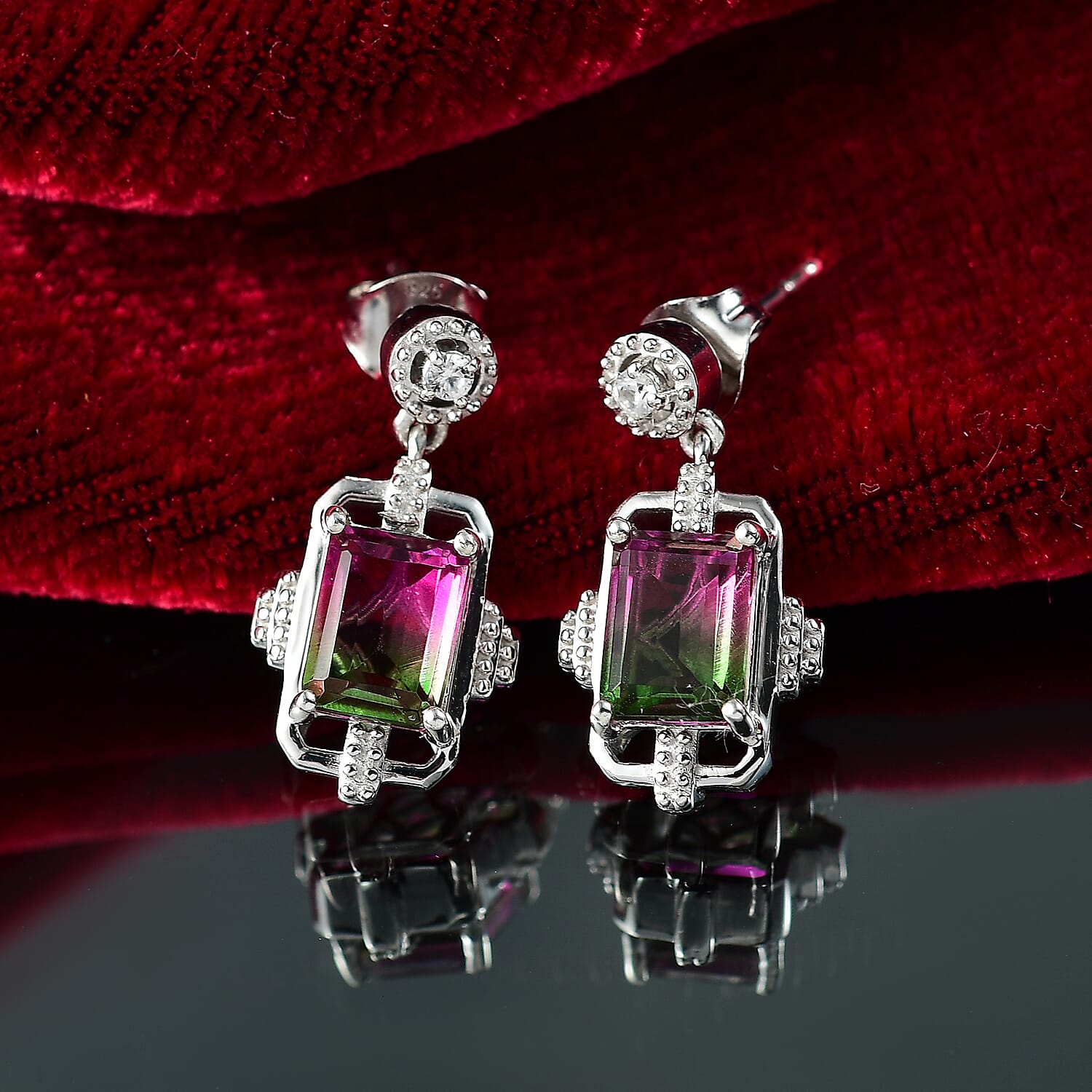 Watermelon Quartz Triplet &amp; White Zircon Dangling Push Back Earring in Rhodium Overlay Sterling Silver 3.46 Ct. 8124689 2