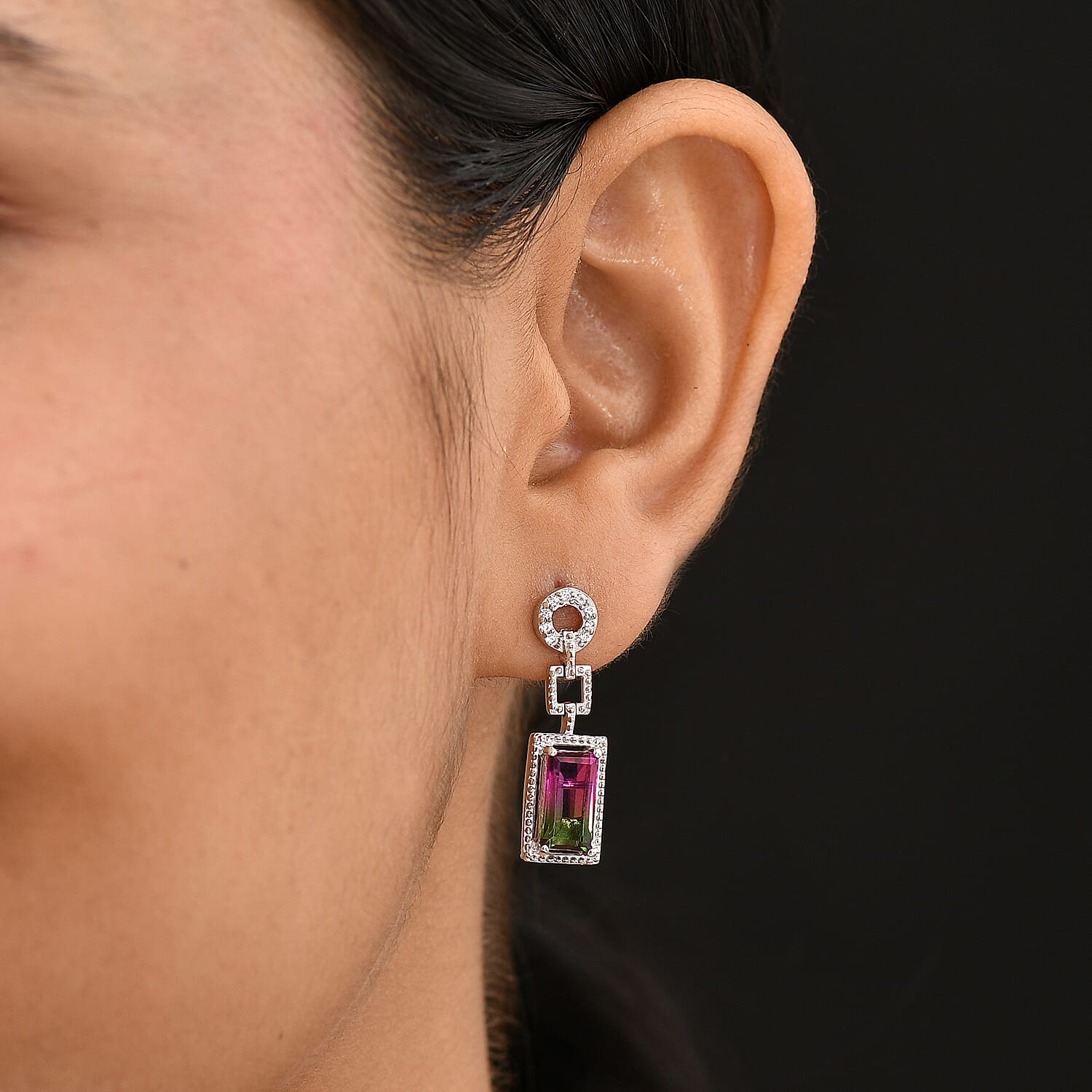 Watermelon Quartz Triplet &amp; White Zircon Dangling Push Back Earring in Rhodium Overlay Sterling Silver 3.46 Ct. 8124689 3