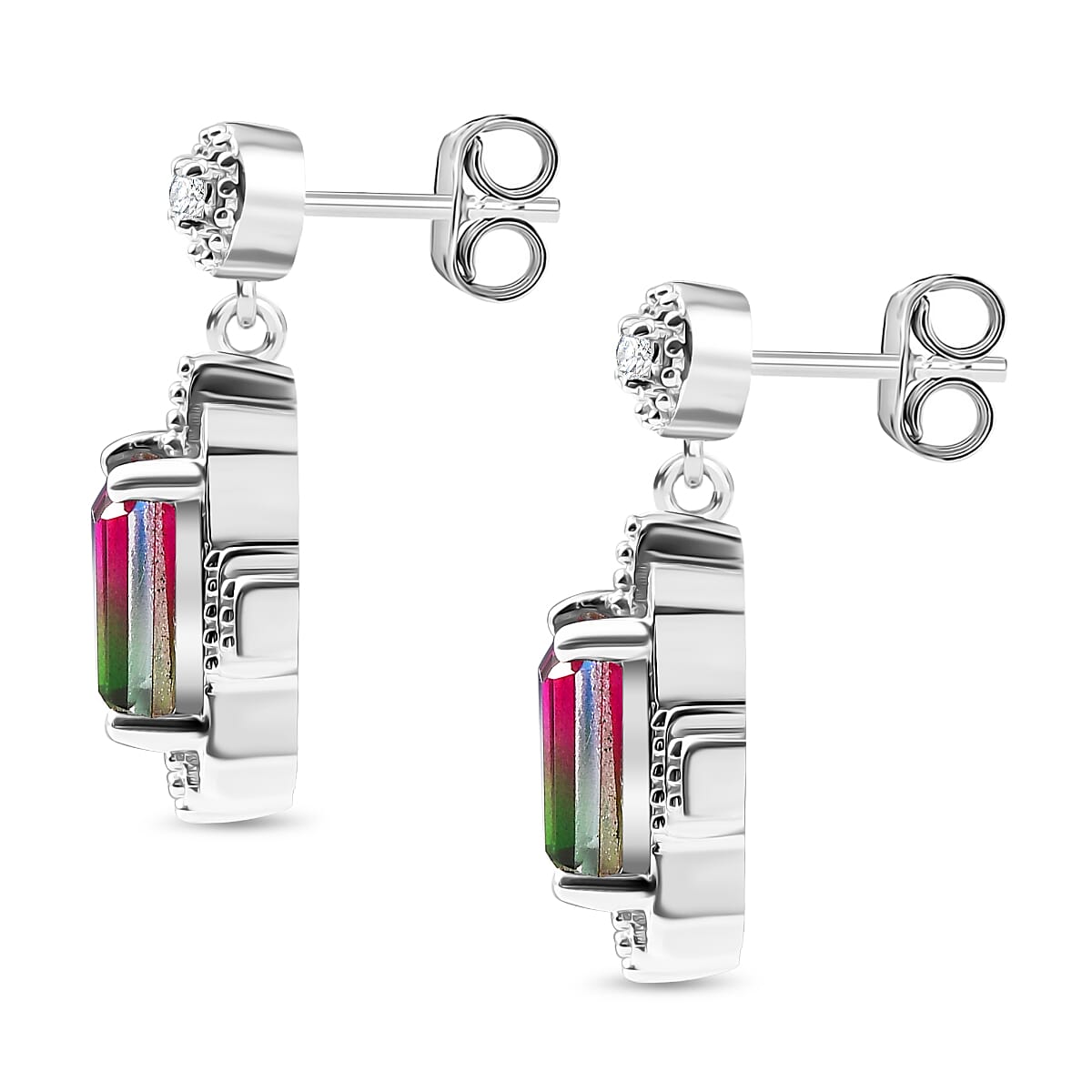 Watermelon Quartz Triplet &amp; White Zircon Dangling Push Back Earring in Rhodium Overlay Sterling Silver 3.46 Ct. 8124689 4