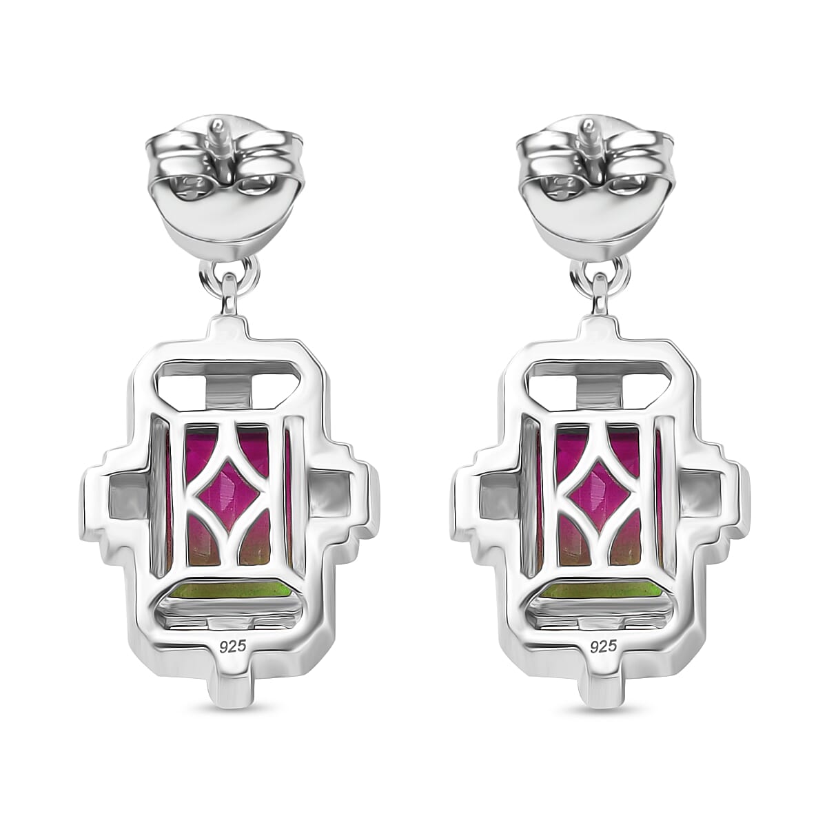 Watermelon Quartz Triplet &amp; White Zircon Dangling Push Back Earring in Rhodium Overlay Sterling Silver 3.46 Ct. 8124689 5