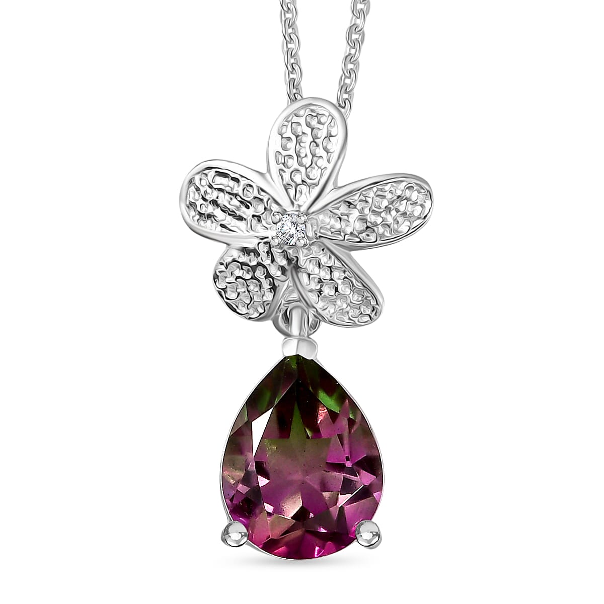 Watermelon Quartz Triplet &amp; White Zircon Pendant with Chain (Size 20) in Rhodium Overlay Sterling Silver 2.65 Ct. 4375178 0