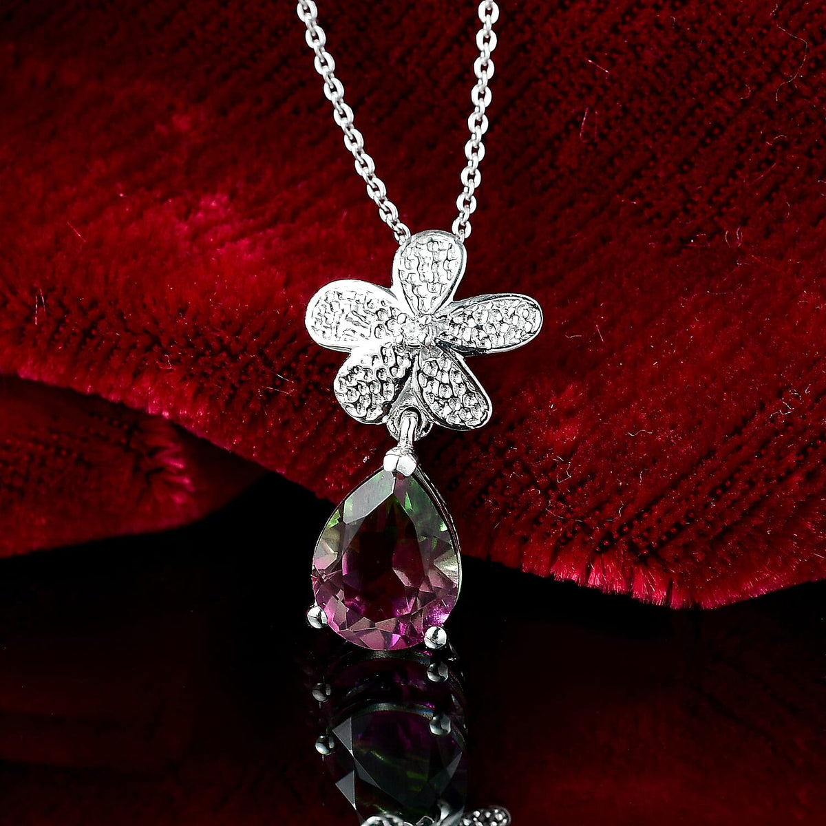 Watermelon Quartz Triplet &amp; White Zircon Pendant with Chain (Size 20) in Rhodium Overlay Sterling Silver 2.65 Ct. 4375178 2