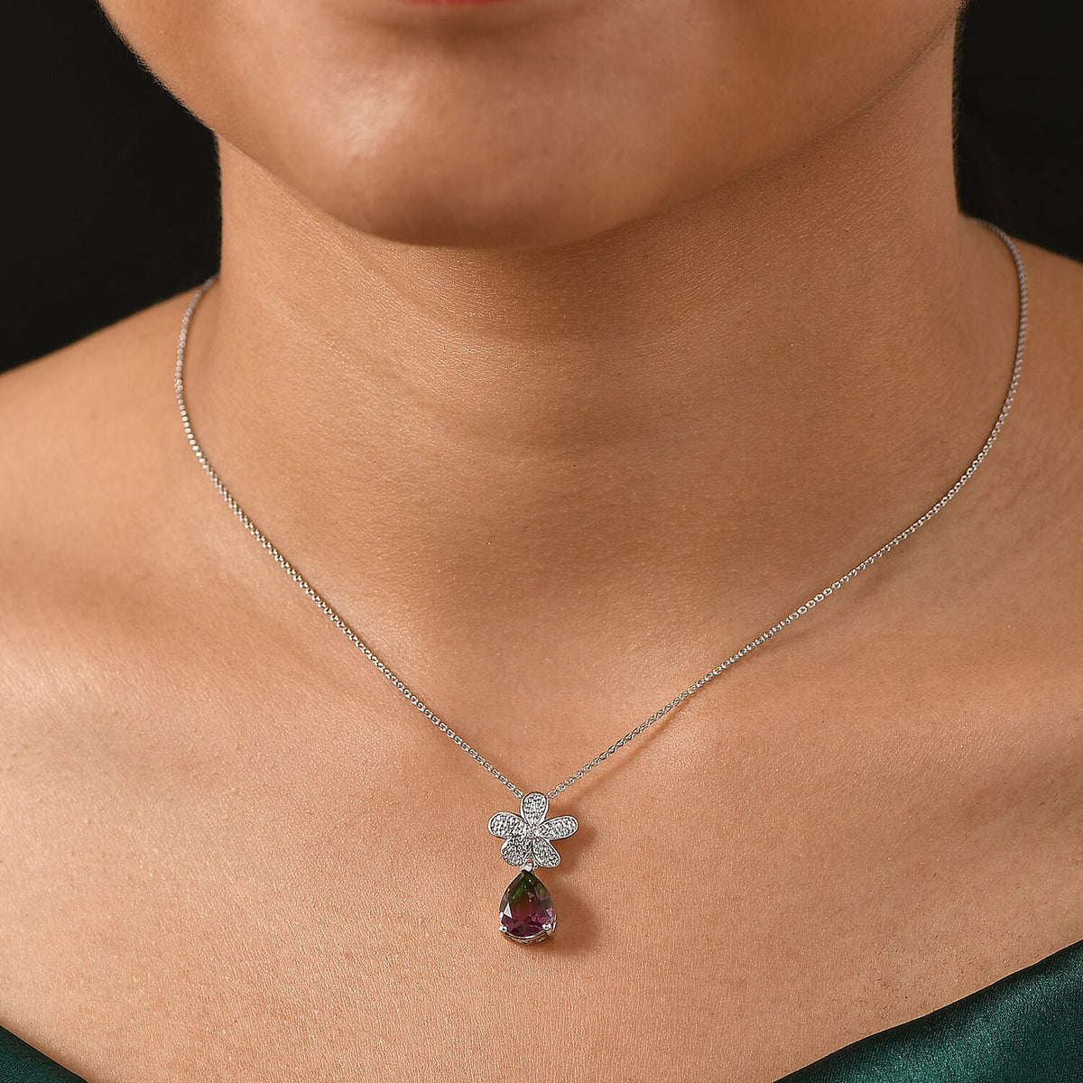 Watermelon Quartz Triplet &amp; White Zircon Pendant with Chain (Size 20) in Rhodium Overlay Sterling Silver 2.65 Ct. 4375178 3