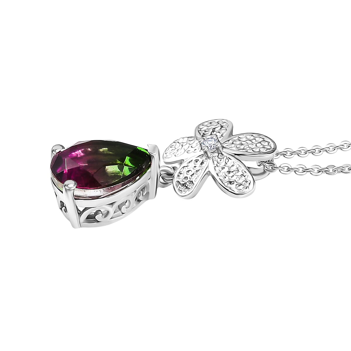 Watermelon Quartz Triplet &amp; White Zircon Pendant with Chain (Size 20) in Rhodium Overlay Sterling Silver 2.65 Ct. 4375178 4