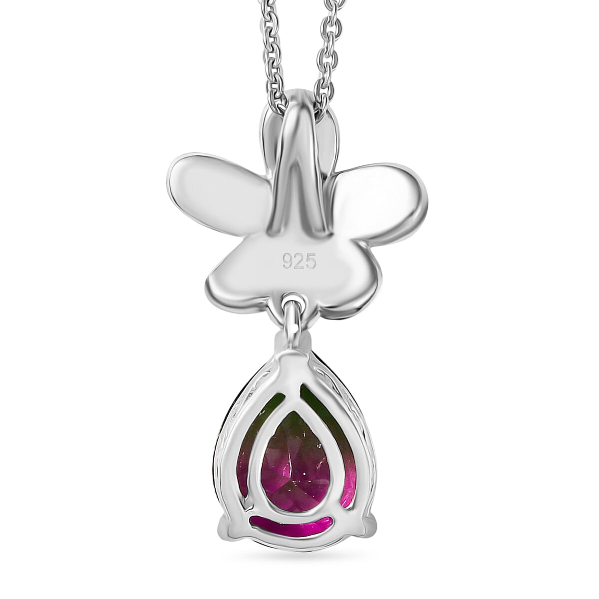 Watermelon Quartz Triplet &amp; White Zircon Pendant with Chain (Size 20) in Rhodium Overlay Sterling Silver 2.65 Ct. 4375178 5