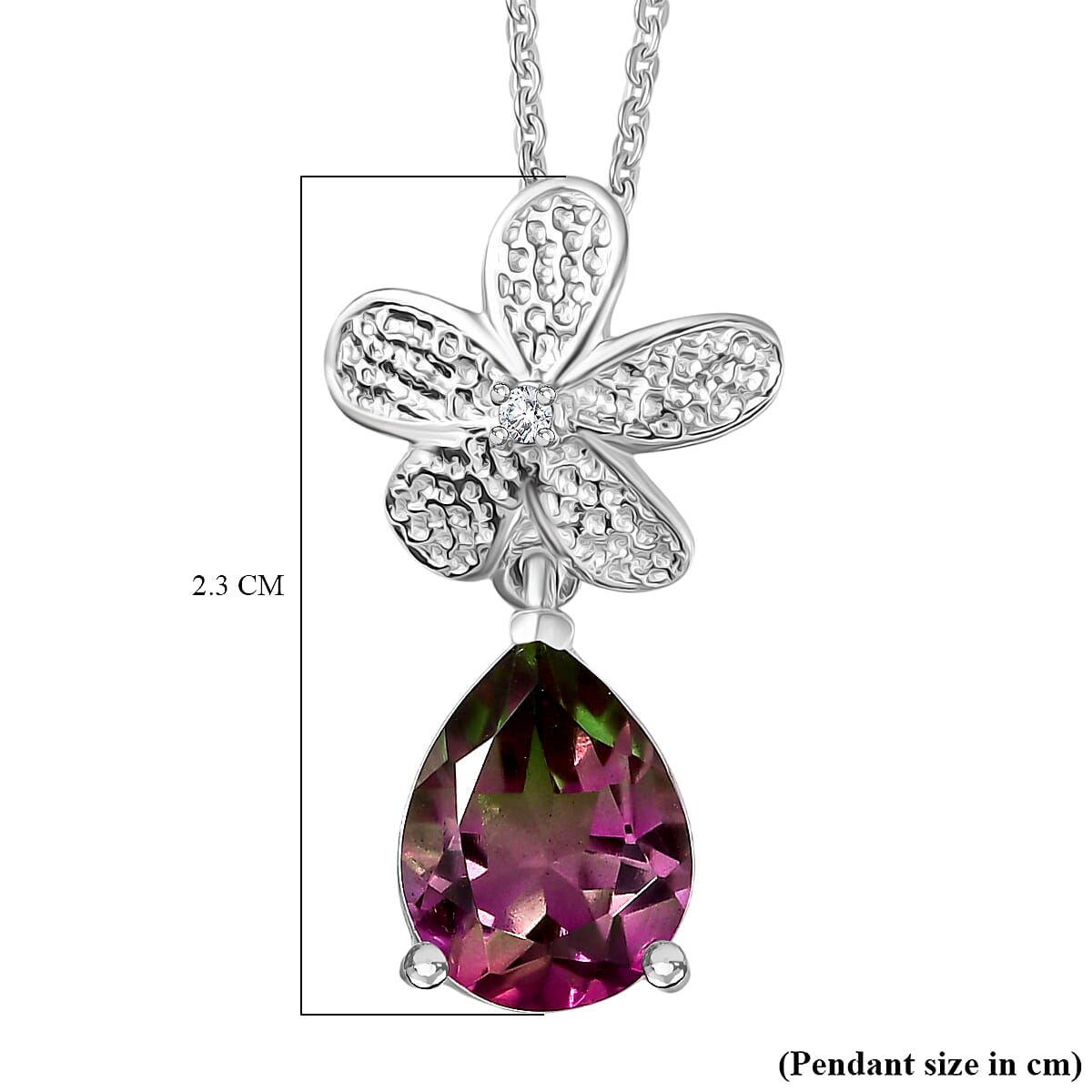 Watermelon Quartz Triplet &amp; White Zircon Pendant with Chain (Size 20) in Rhodium Overlay Sterling Silver 2.65 Ct. 4375178 6