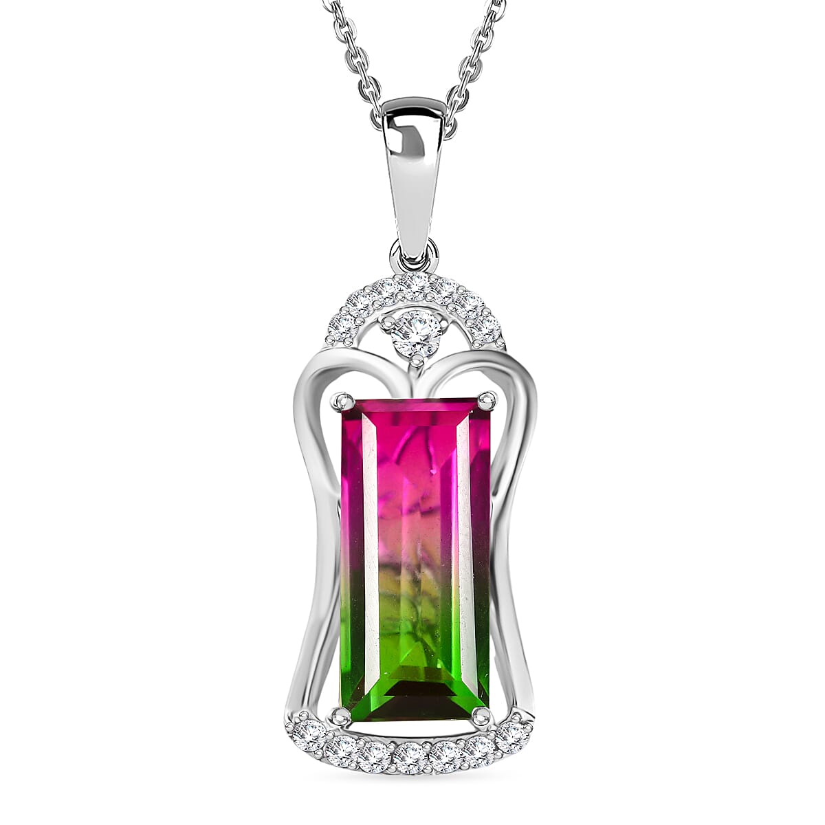 Watermelon Quartz Triplet &amp; White Zircon Pendant with Chain (Size 20) in Rhodium Overlay Sterling Silver 7.78 Ct. 4378124 0