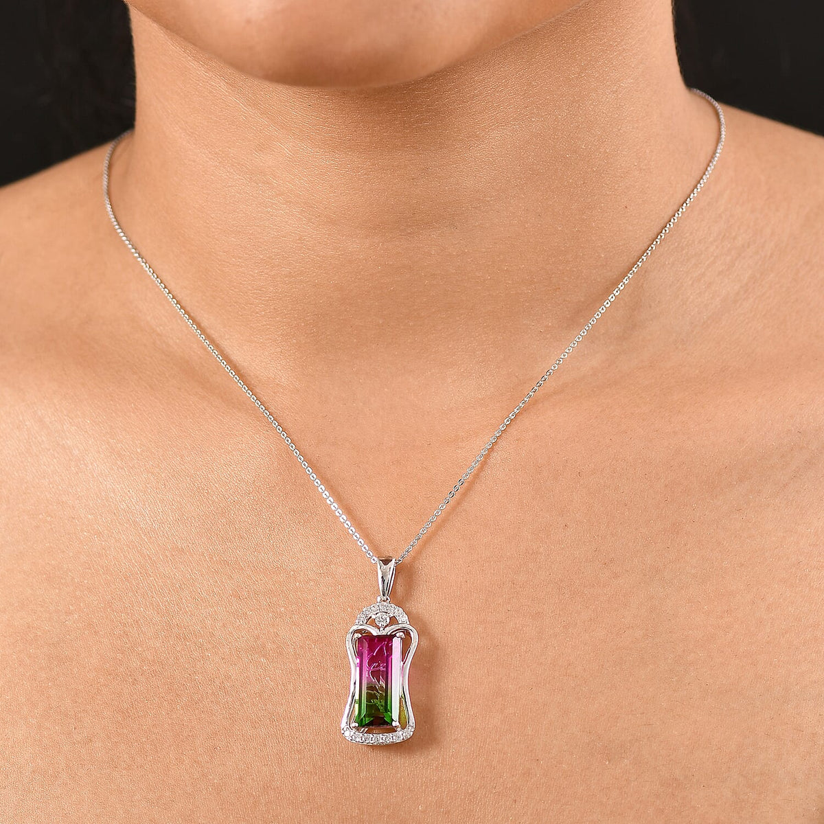 Watermelon Quartz Triplet &amp; White Zircon Pendant with Chain (Size 20) in Rhodium Overlay Sterling Silver 7.78 Ct. 4378124 2