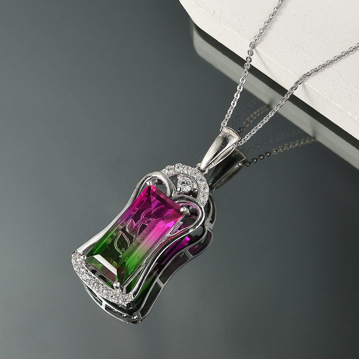 Watermelon Quartz Triplet &amp; White Zircon Pendant with Chain (Size 20) in Rhodium Overlay Sterling Silver 7.78 Ct. 4378124 3