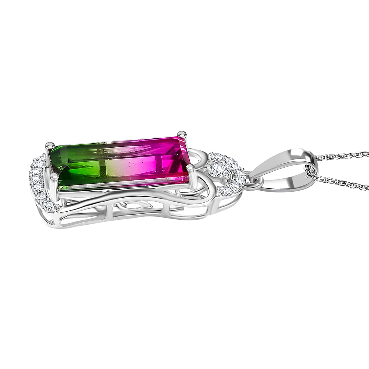 Watermelon Quartz Triplet &amp; White Zircon Pendant with Chain (Size 20) in Rhodium Overlay Sterling Silver 7.78 Ct. 4378124 4