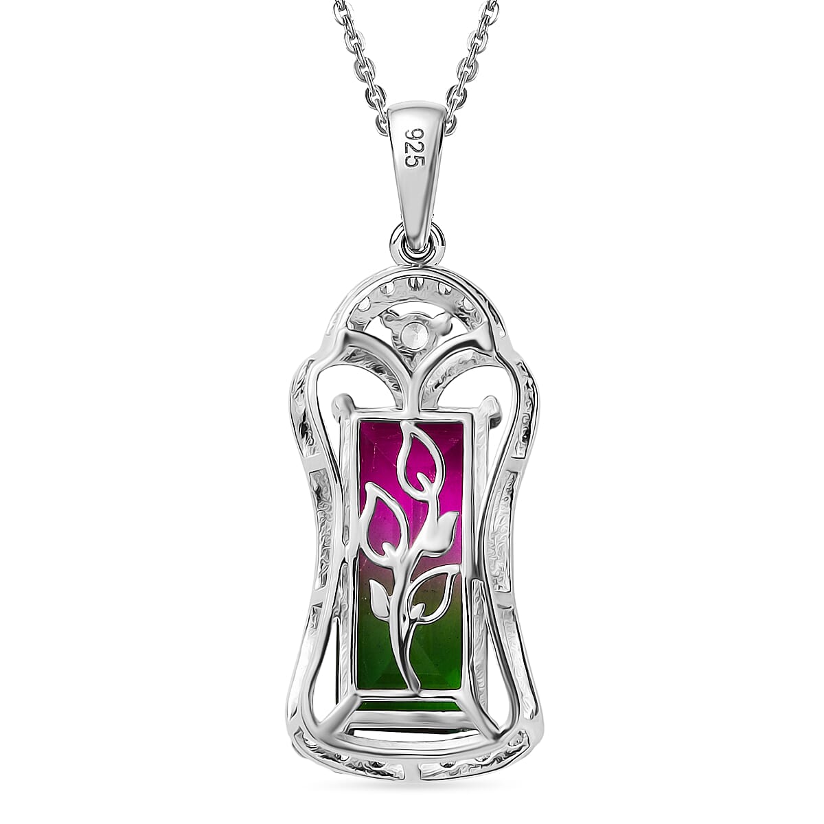 Watermelon Quartz Triplet &amp; White Zircon Pendant with Chain (Size 20) in Rhodium Overlay Sterling Silver 7.78 Ct. 4378124 5