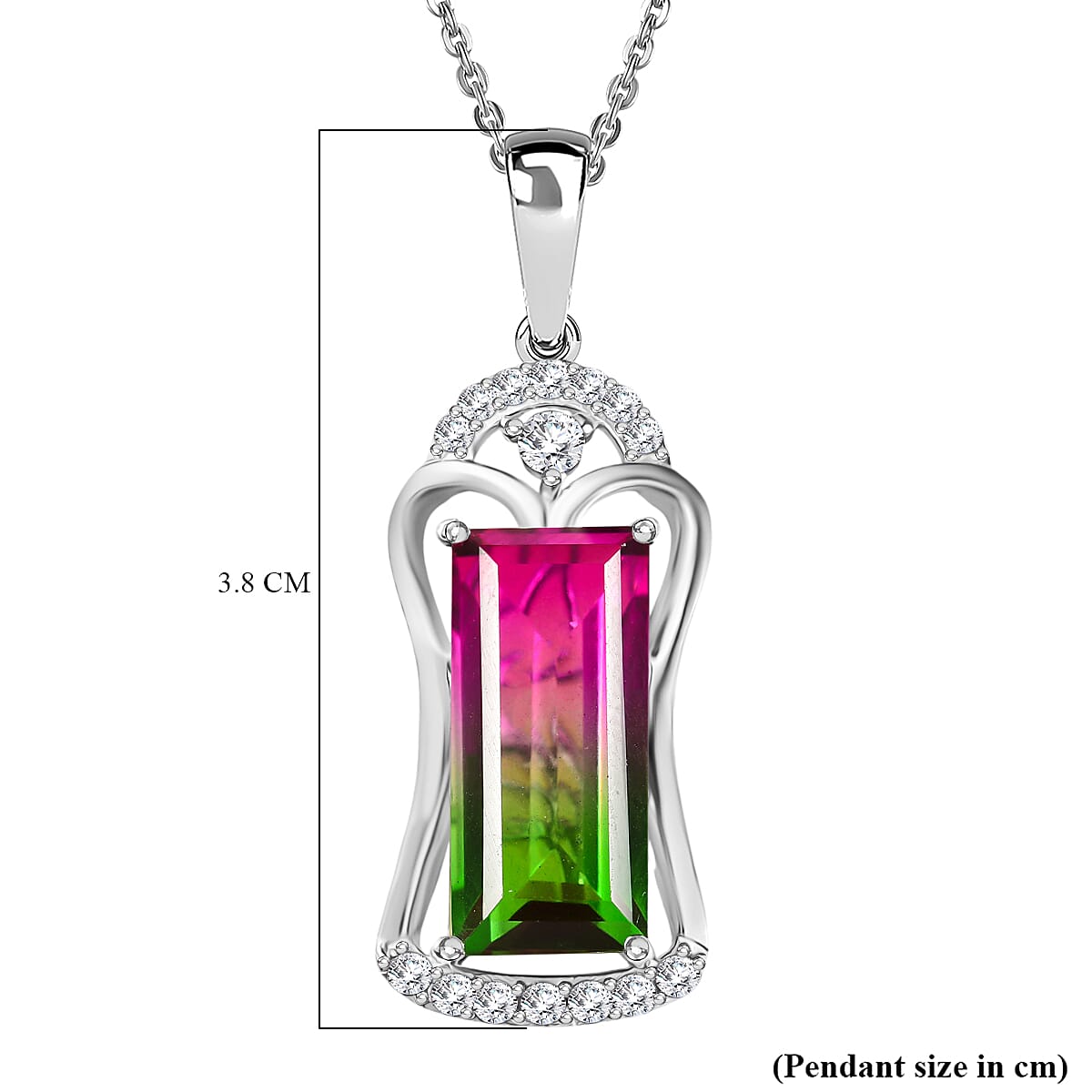 Watermelon Quartz Triplet &amp; White Zircon Pendant with Chain (Size 20) in Rhodium Overlay Sterling Silver 7.78 Ct. 4378124 6